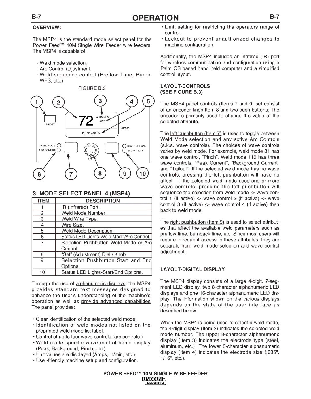 Lincoln Electric IM827-D manual Mode Select Panel 4 MSP4, Overview, LAYOUT-CONTROLS see Figure b.3, LAYOUT-DIGITAL Display 