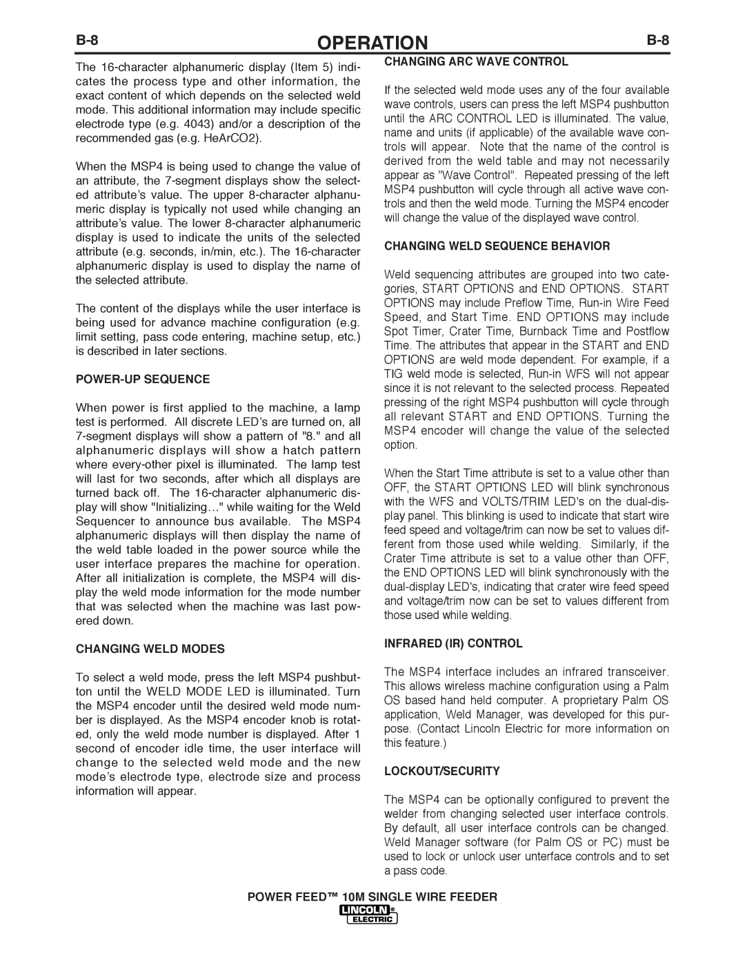 Lincoln Electric IM827-D manual POWER-UP Sequence, Changing Weld Modes, Changing ARC Wave Control, Infrared IR Control 