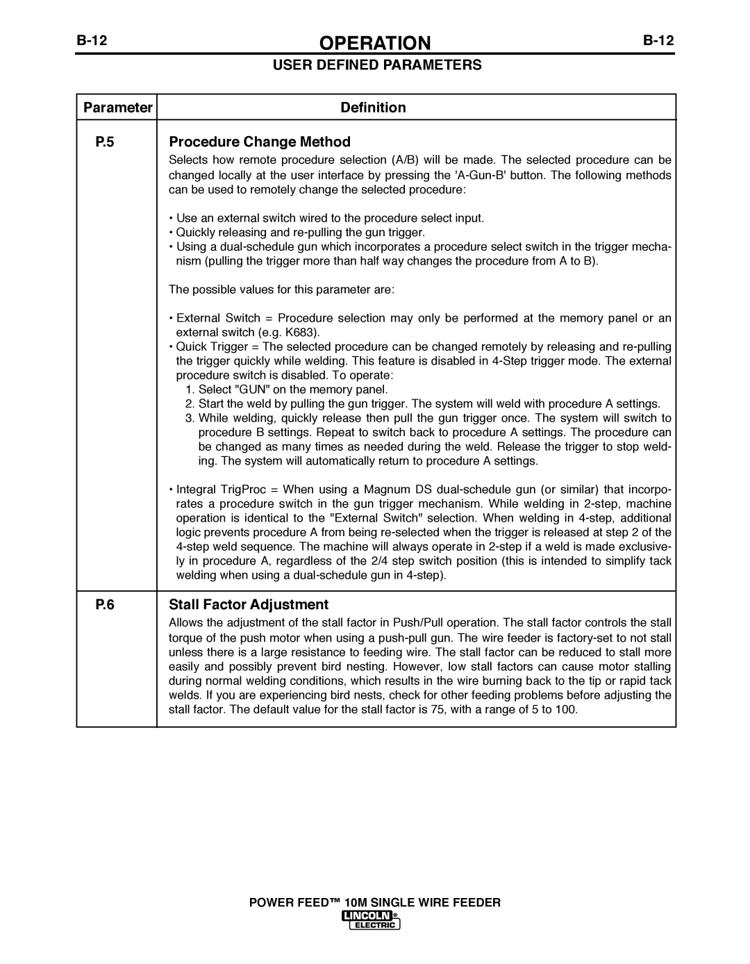 Lincoln Electric IM827-D manual Parameter Definition Procedure Change Method, Stall Factor Adjustment 