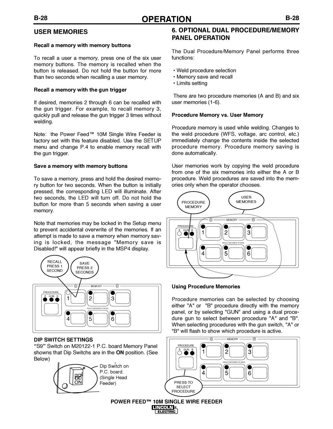 Lincoln Electric IM827-D manual User Memories, DIP Switch Settings 