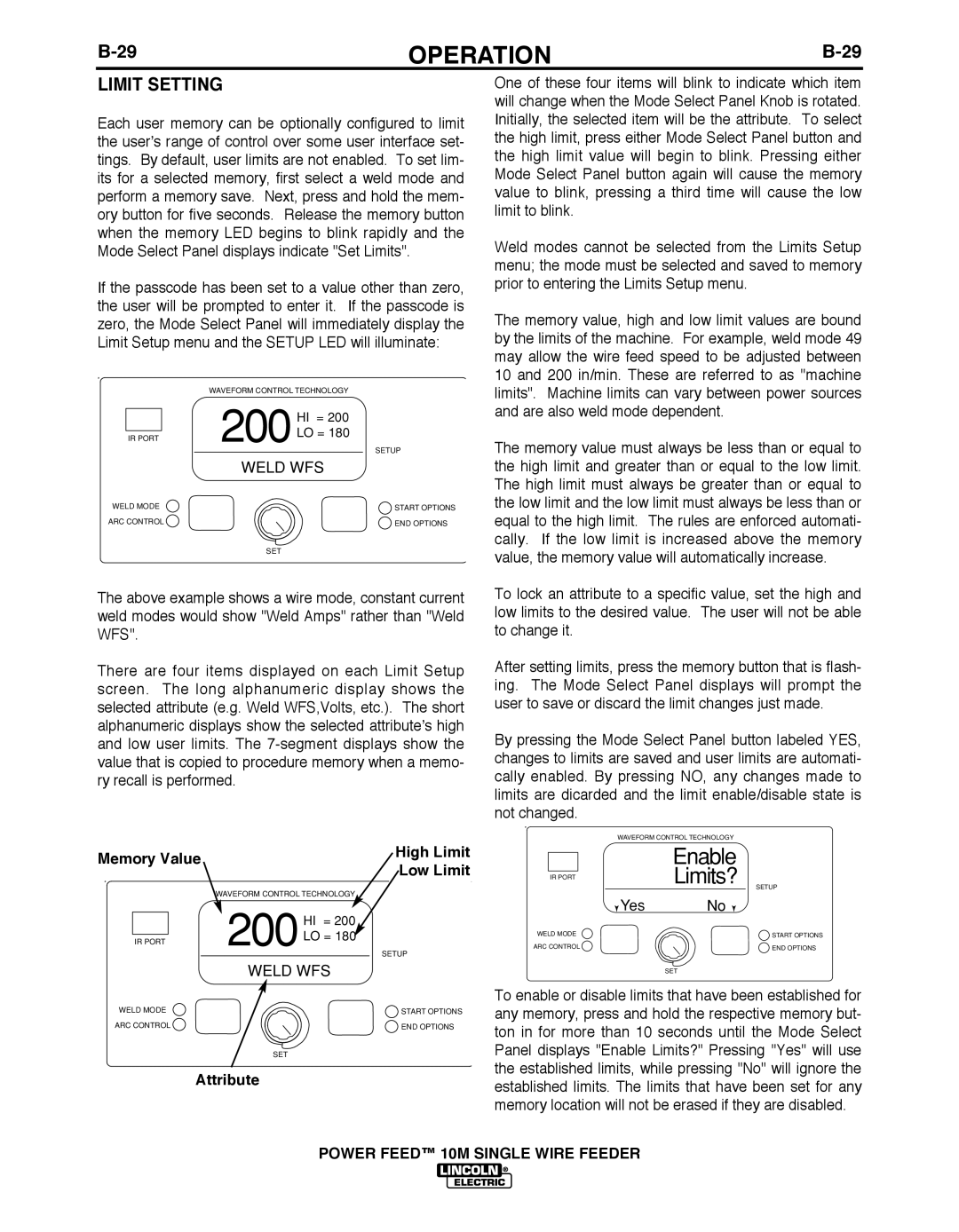 Lincoln Electric IM827-D manual Limit Setting, High Limit, Low Limit, Attribute 