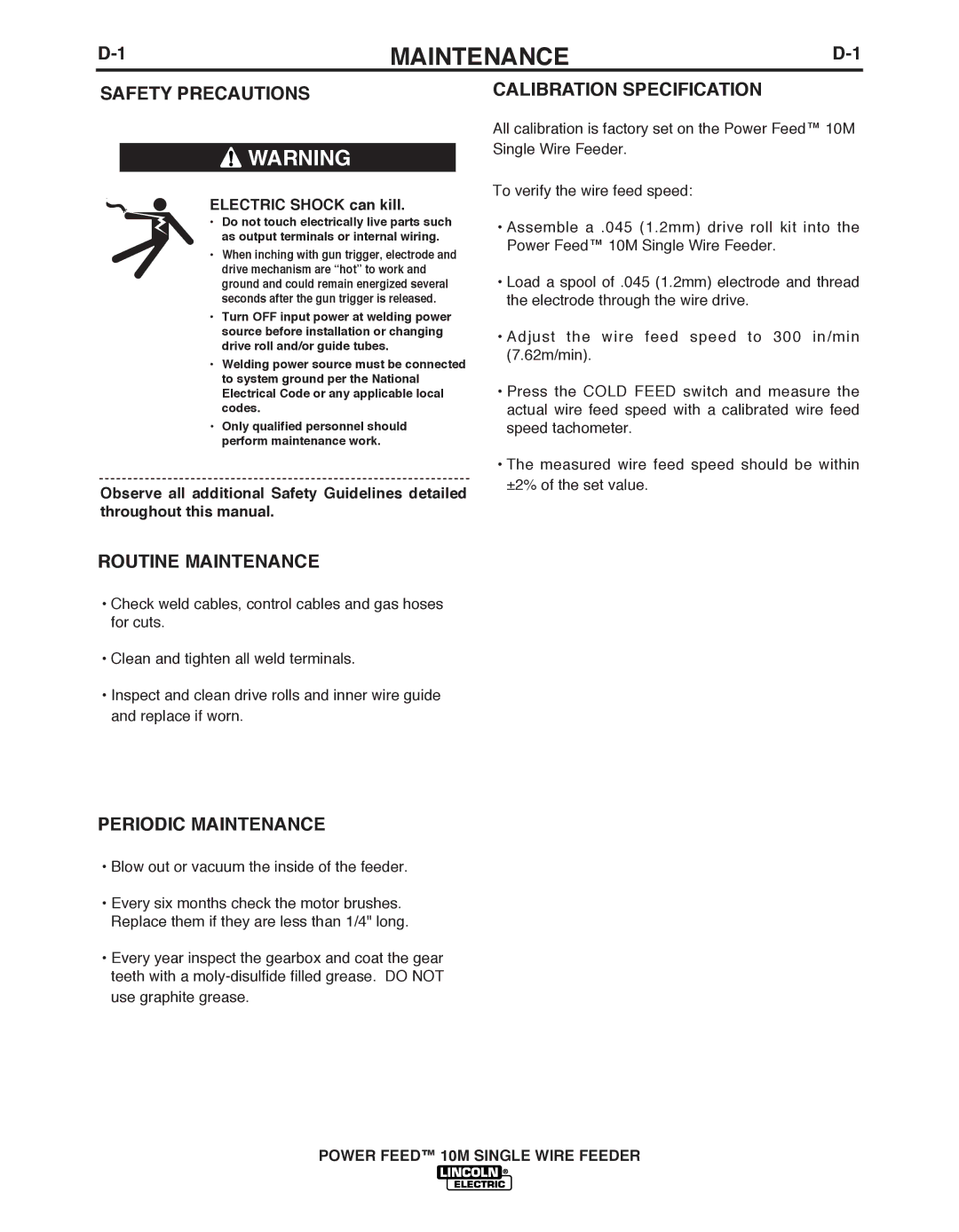 Lincoln Electric IM827-D Safety Precautions, Routine Maintenance, CALIbRATION Specification, Periodic Maintenance 