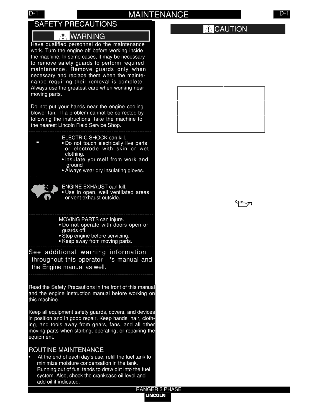 Lincoln Electric IM831, 11079 manual Maintenance, Safety Precautions, Engine OIL Change 