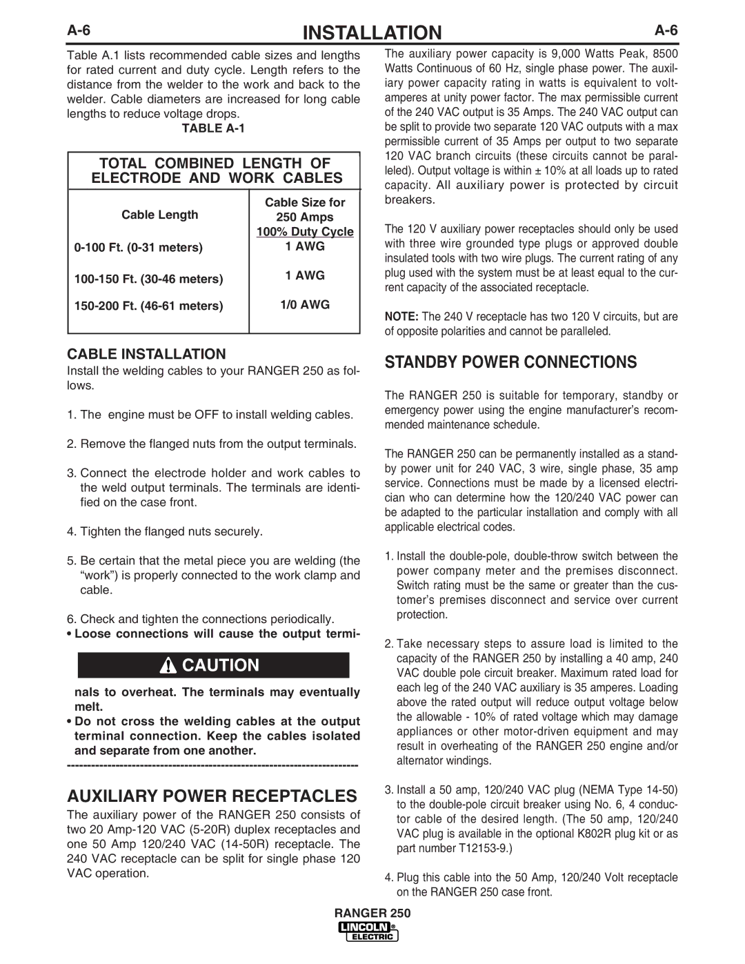 Lincoln Electric IM833-C manual Auxiliary Power Receptacles, Standby Power Connections, Cable Installation 