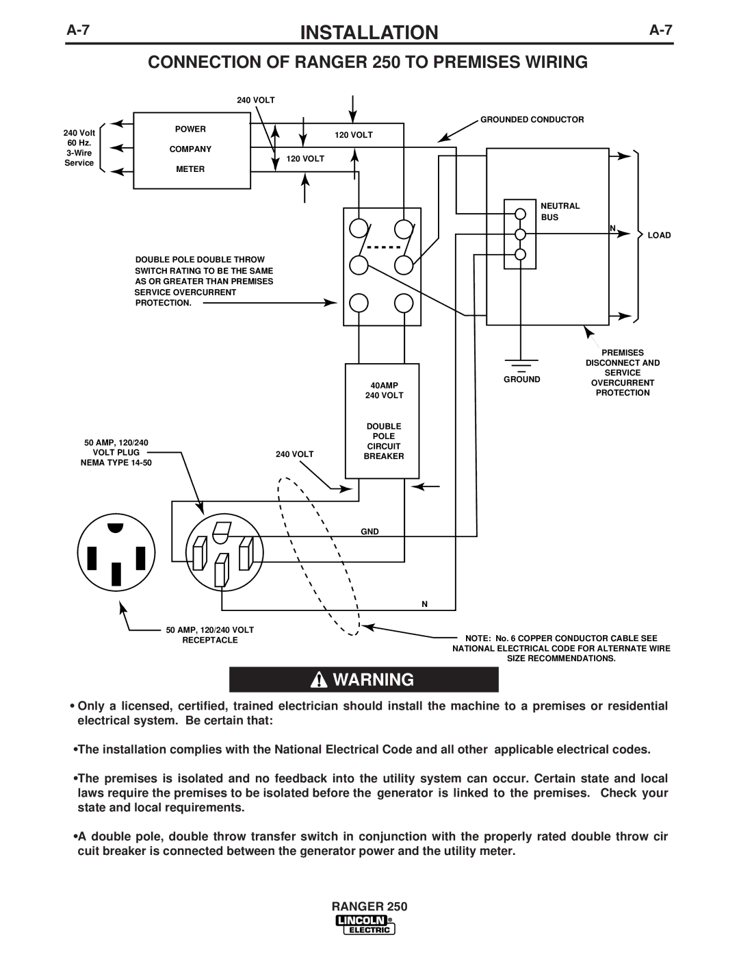 Lincoln Electric IM833-C manual Connection of Ranger 250 to Premises Wiring, Gnd 