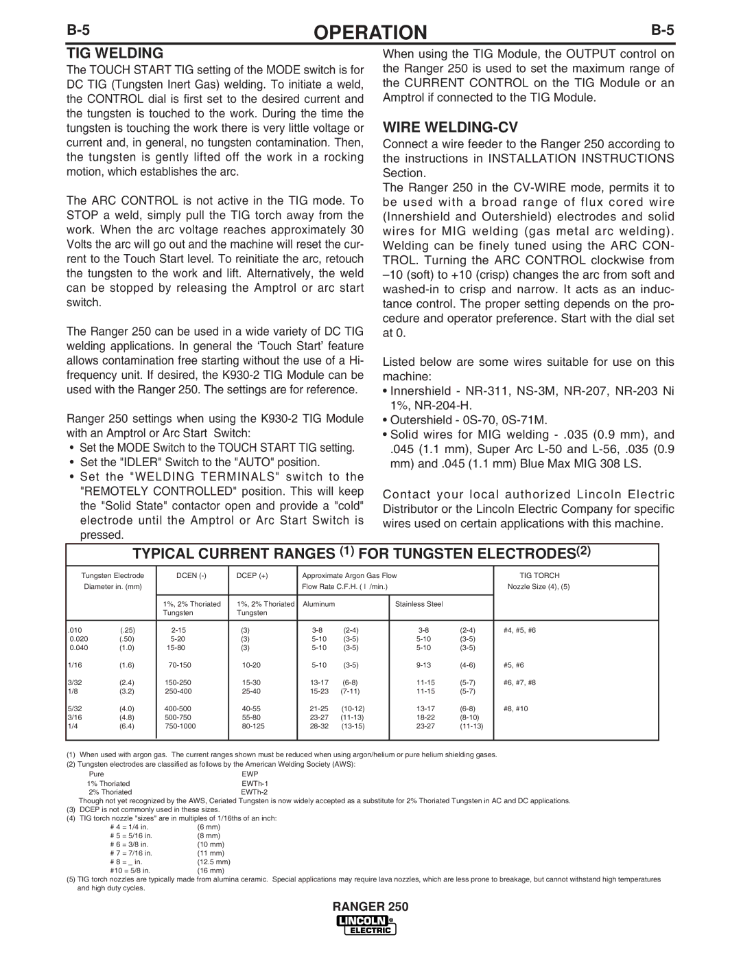 Lincoln Electric IM833-C manual TIG Welding, Wire WELDING-CV, Typical Current Ranges 1 for Tungsten ELECTRODES2 