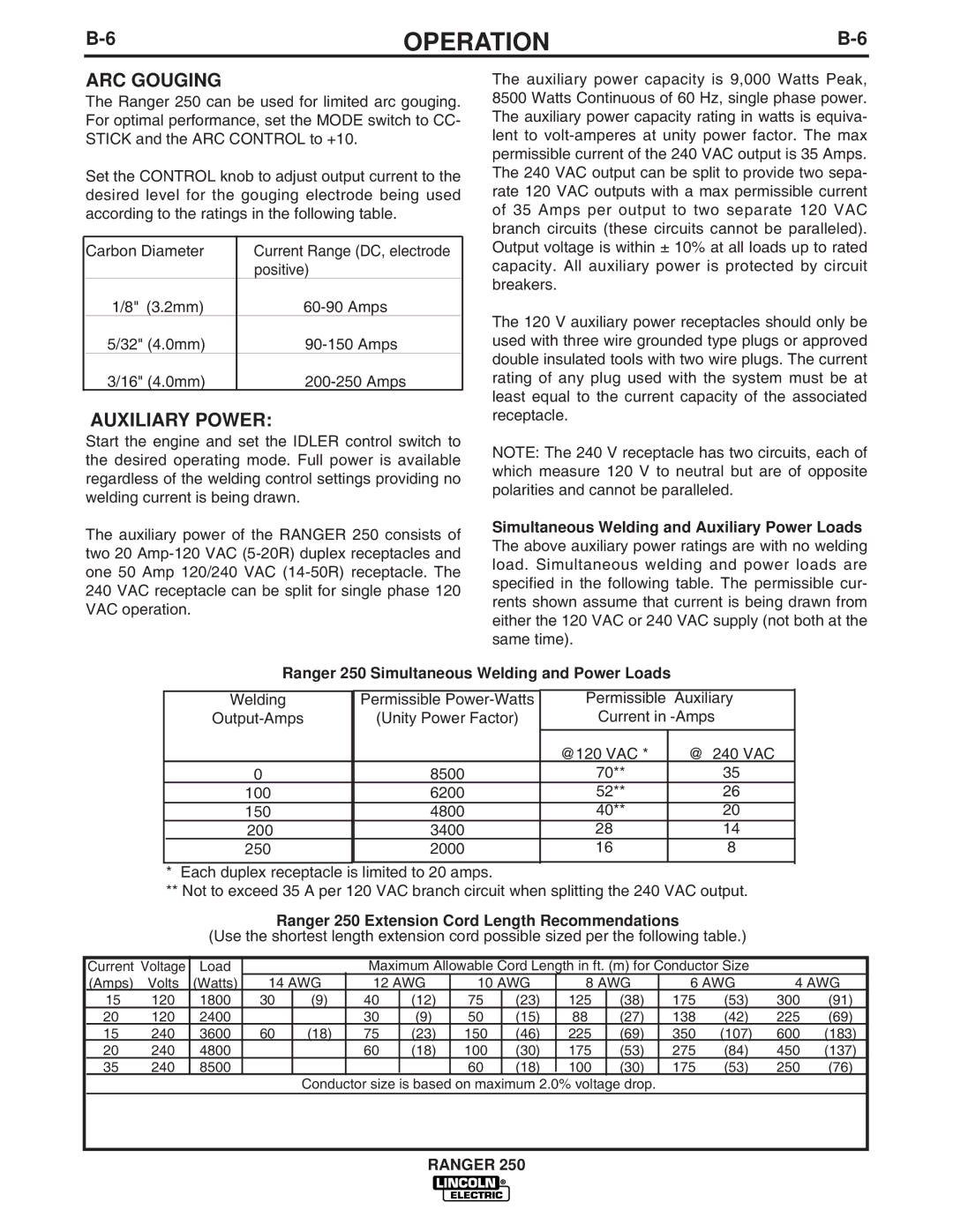 Lincoln Electric IM833-C manual ARC Gouging, Auxiliary Power, Ranger 250 Extension Cord Length Recommendations 