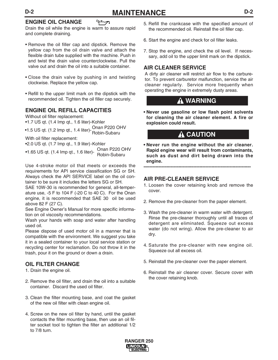 Lincoln Electric IM833-C manual Engine OIL Change, Engine OIL Refill Capacities, OIL Filter Change, AIR Cleaner Service 