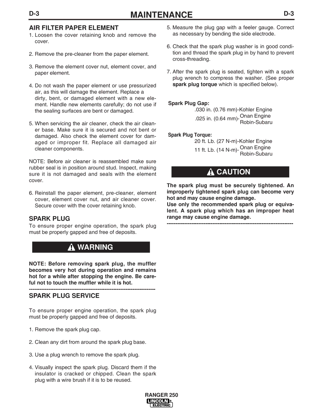 Lincoln Electric IM833-C manual AIR Filter Paper Element, Spark Plug Service, Spark Plug Gap, Spark Plug Torque 