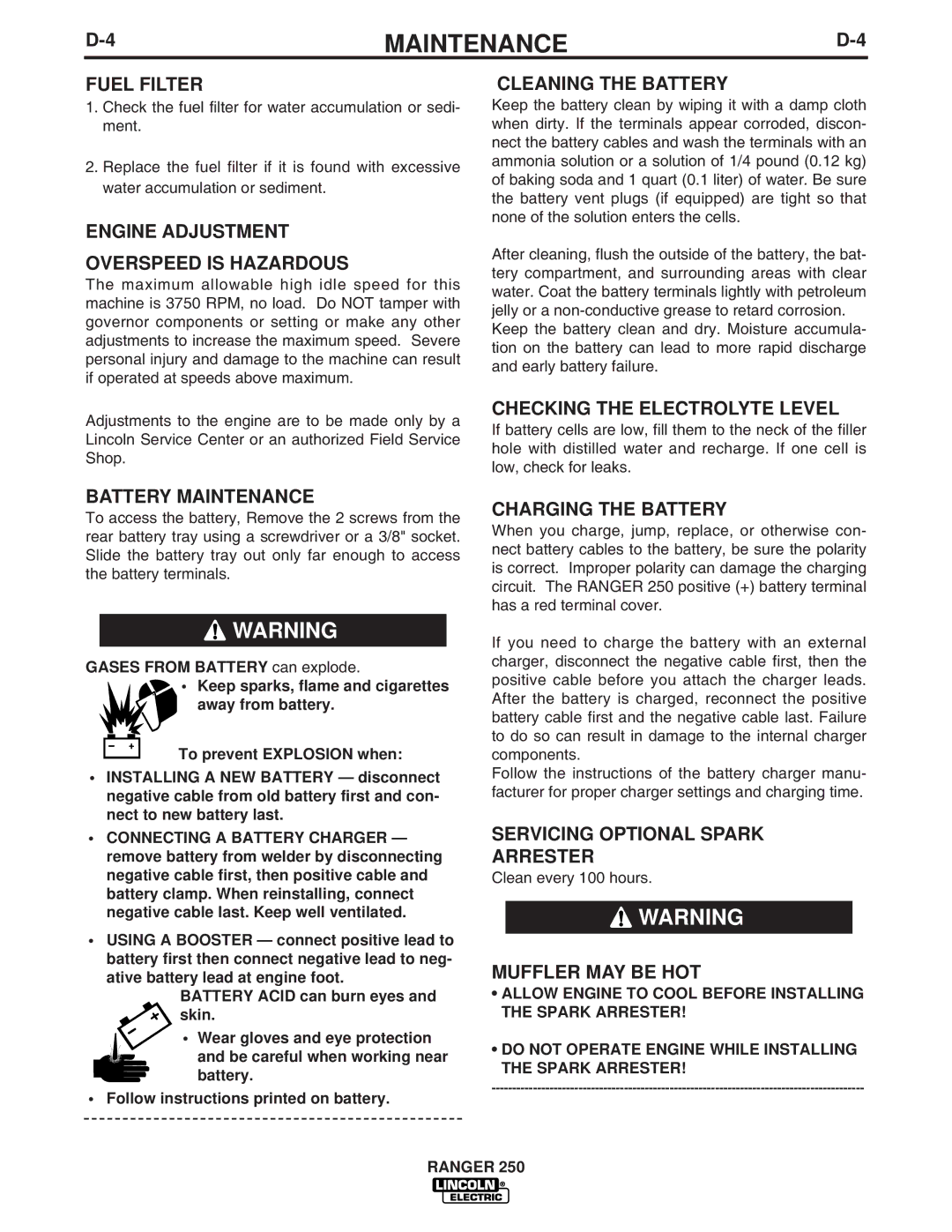 Lincoln Electric IM833-C Fuel Filter, Engine Adjustment Overspeed is Hazardous, Battery Maintenance, Cleaning the Battery 