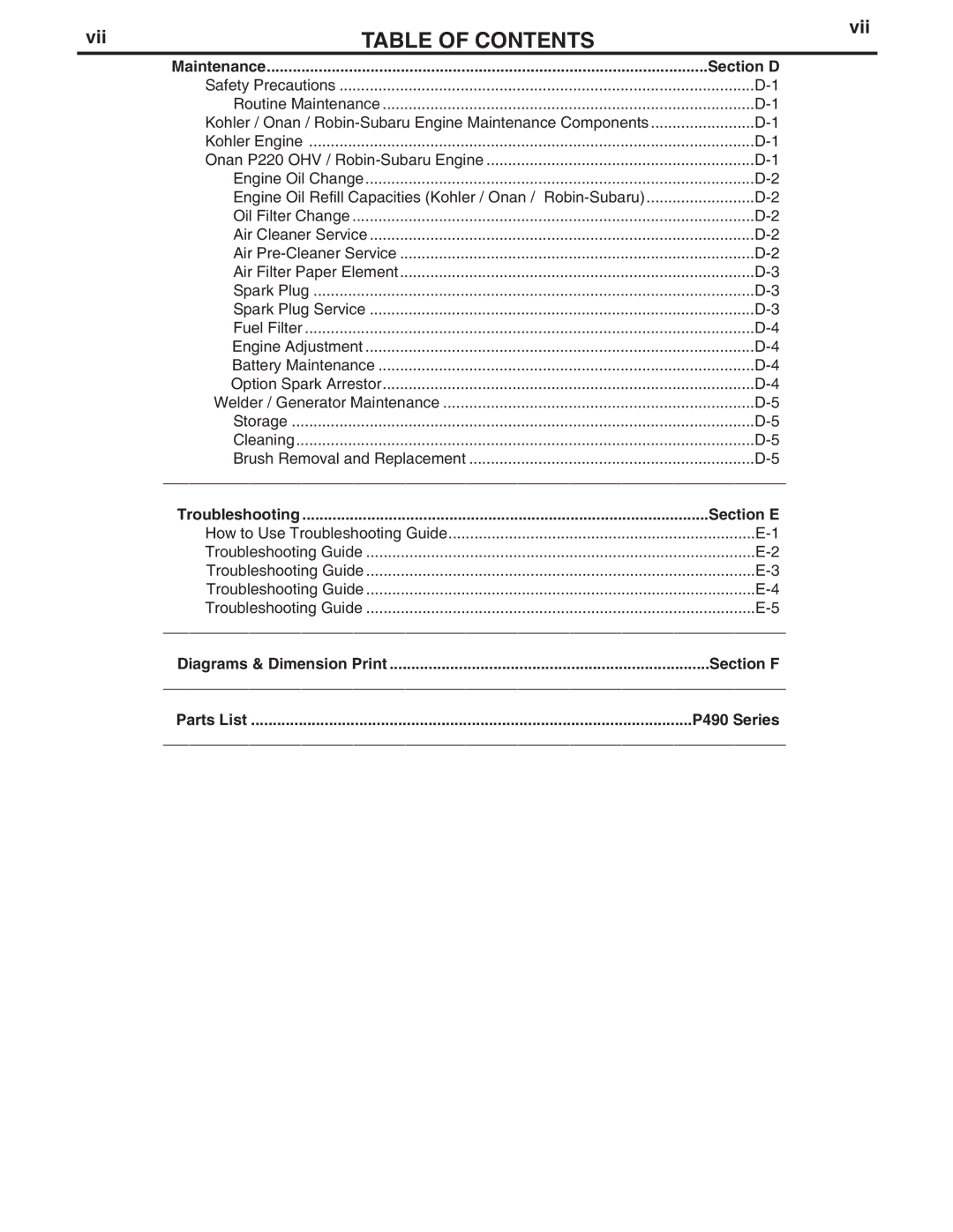 Lincoln Electric IM833-C manual Section D, Section E, Section F, P490 Series 