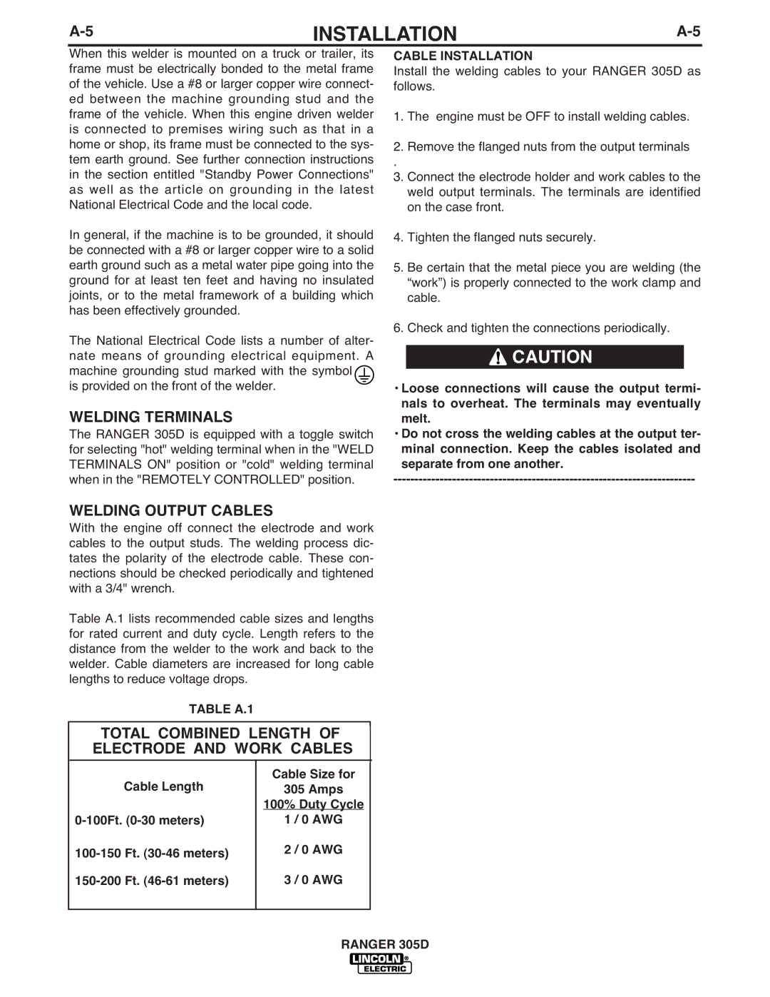 Lincoln Electric IM836-B Welding Terminals, Welding Output Cables, Total Combined Length of Electrode and Work Cables 