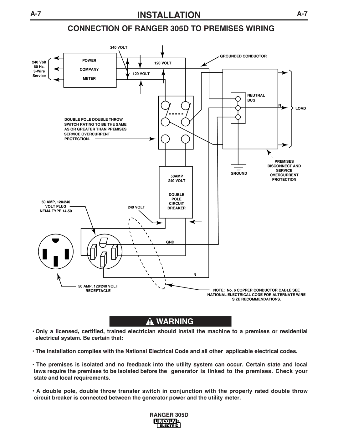 Lincoln Electric IM836-B manual Connection of Ranger 305D to Premises Wiring 