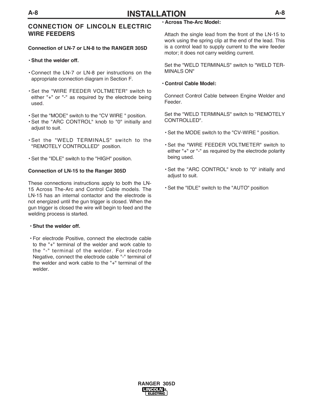 Lincoln Electric IM836-B manual Connection of Lincoln Electric Wire Feeders, Connection of LN-15 to the Ranger 305D 