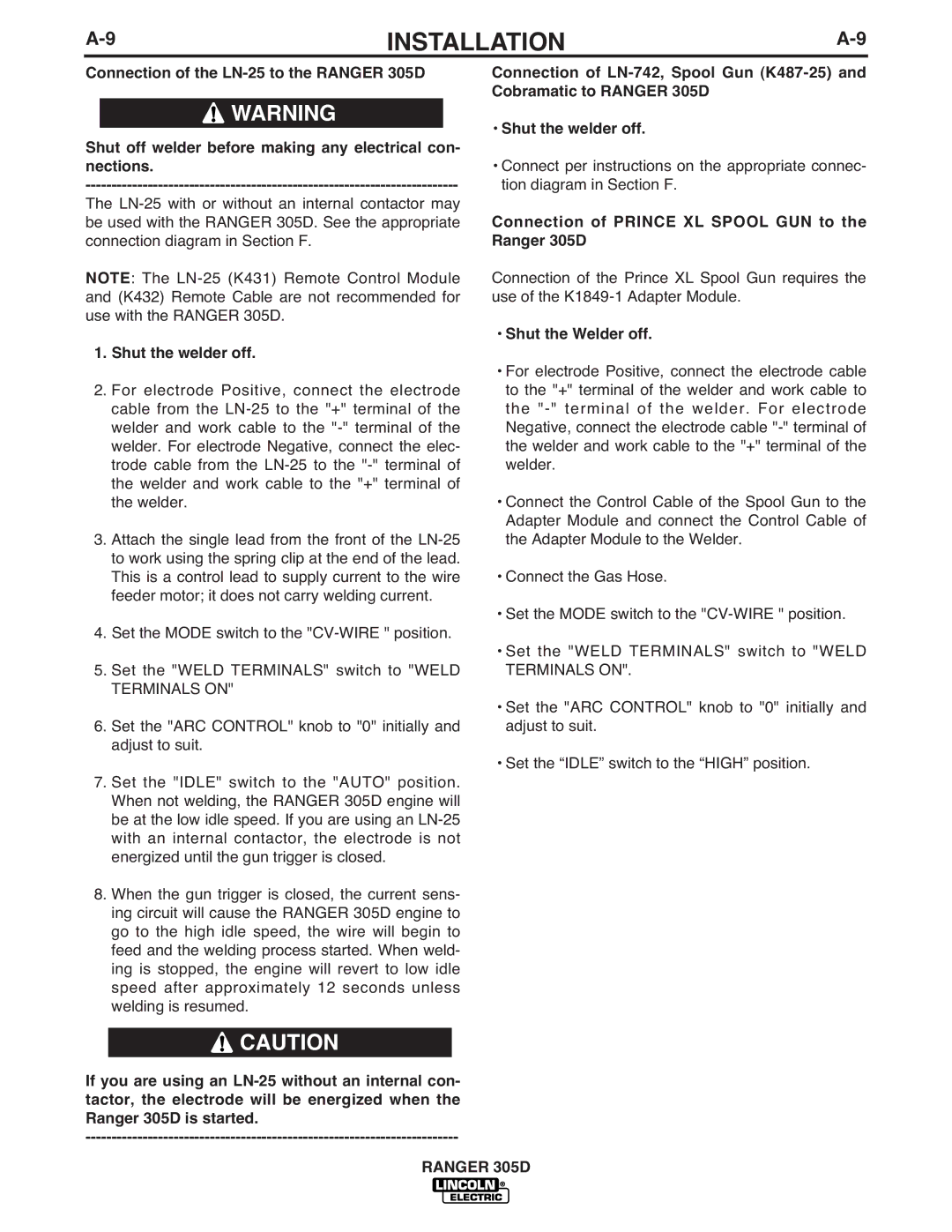 Lincoln Electric IM836-B manual Terminals on, Connection of Prince XL Spool GUN to the Ranger 305D 