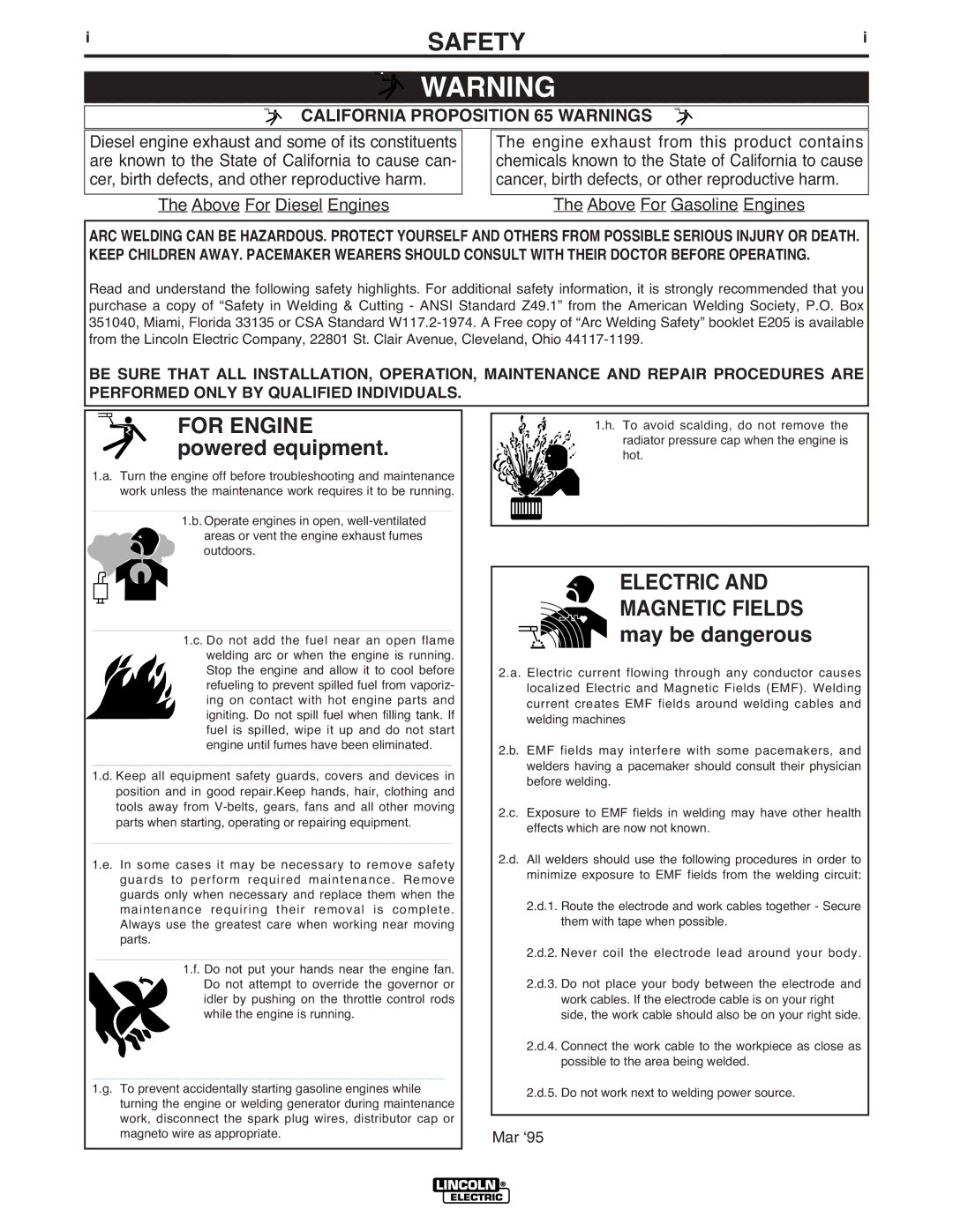 Lincoln Electric IM836-B manual Safety, California Proposition 65 Warnings 