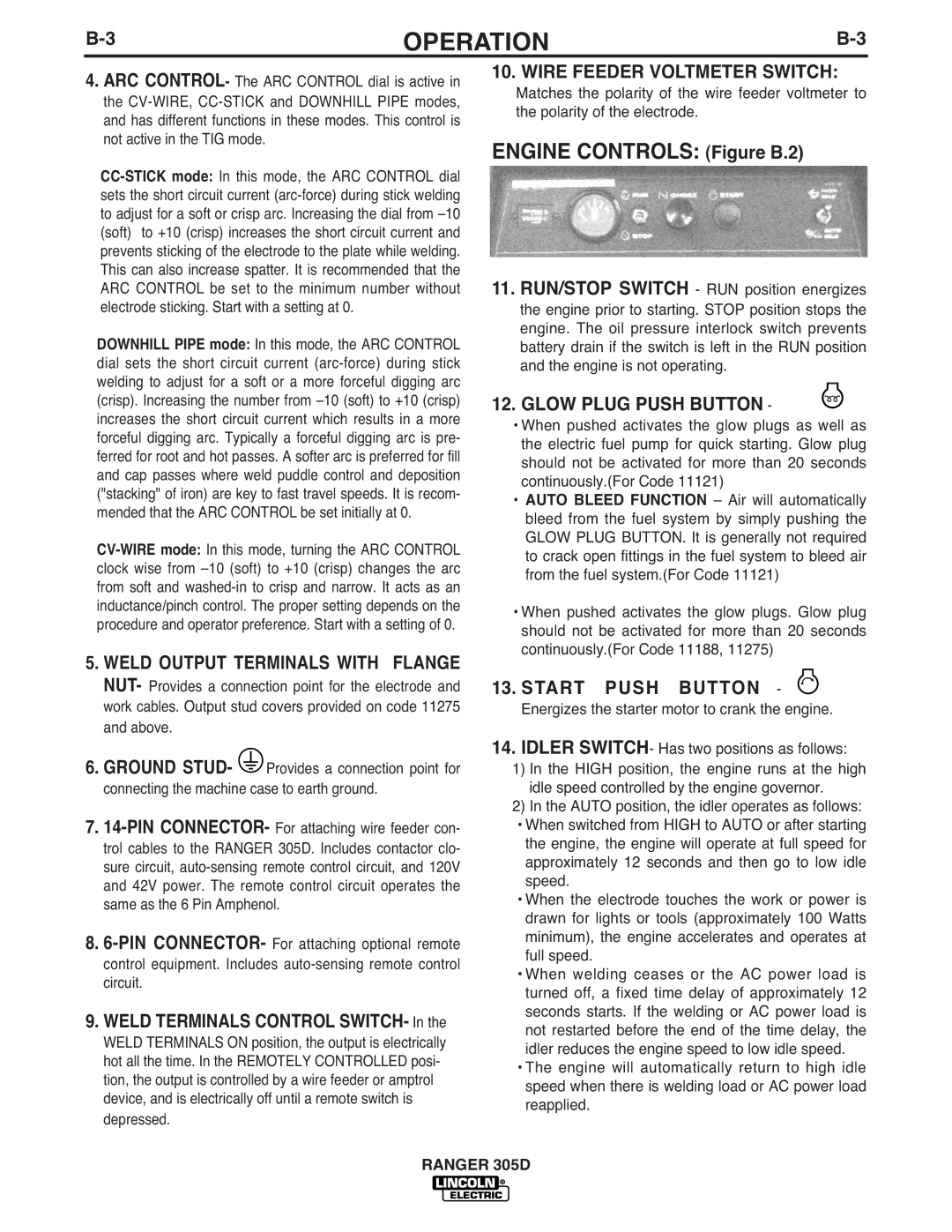 Lincoln Electric IM836-B manual Wire Feeder Voltmeter Switch, Glow Plug Push Button, Start Push Button 