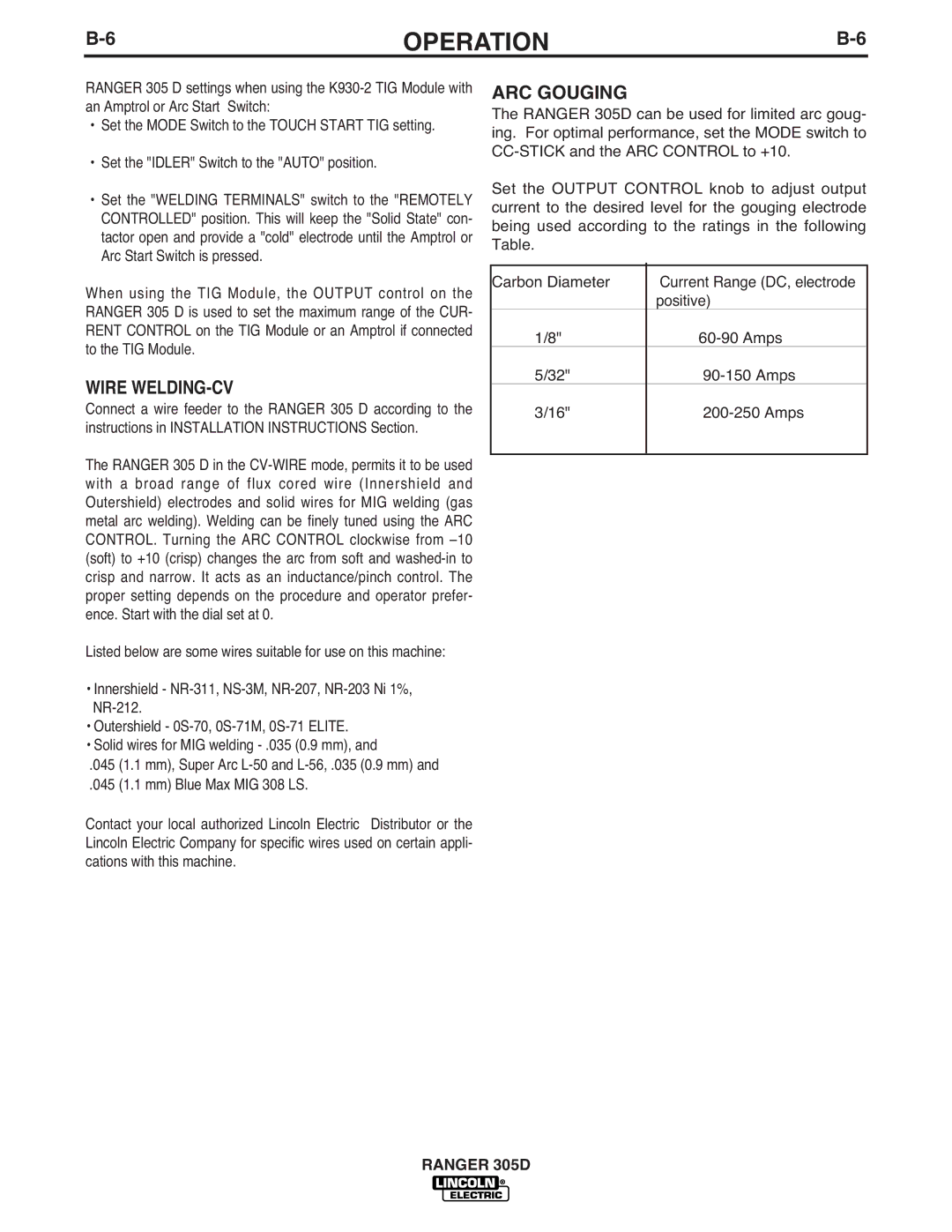 Lincoln Electric IM836-B manual Wire WELDING-CV, ARC Gouging 