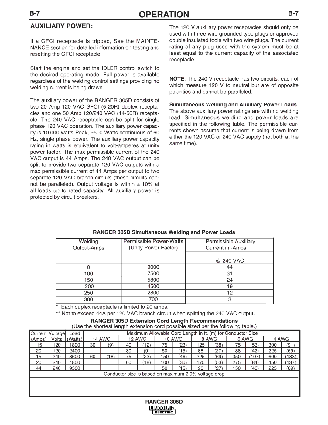 Lincoln Electric IM836-B manual Auxiliary Power, Ranger 305D Extension Cord Length Recommendations 