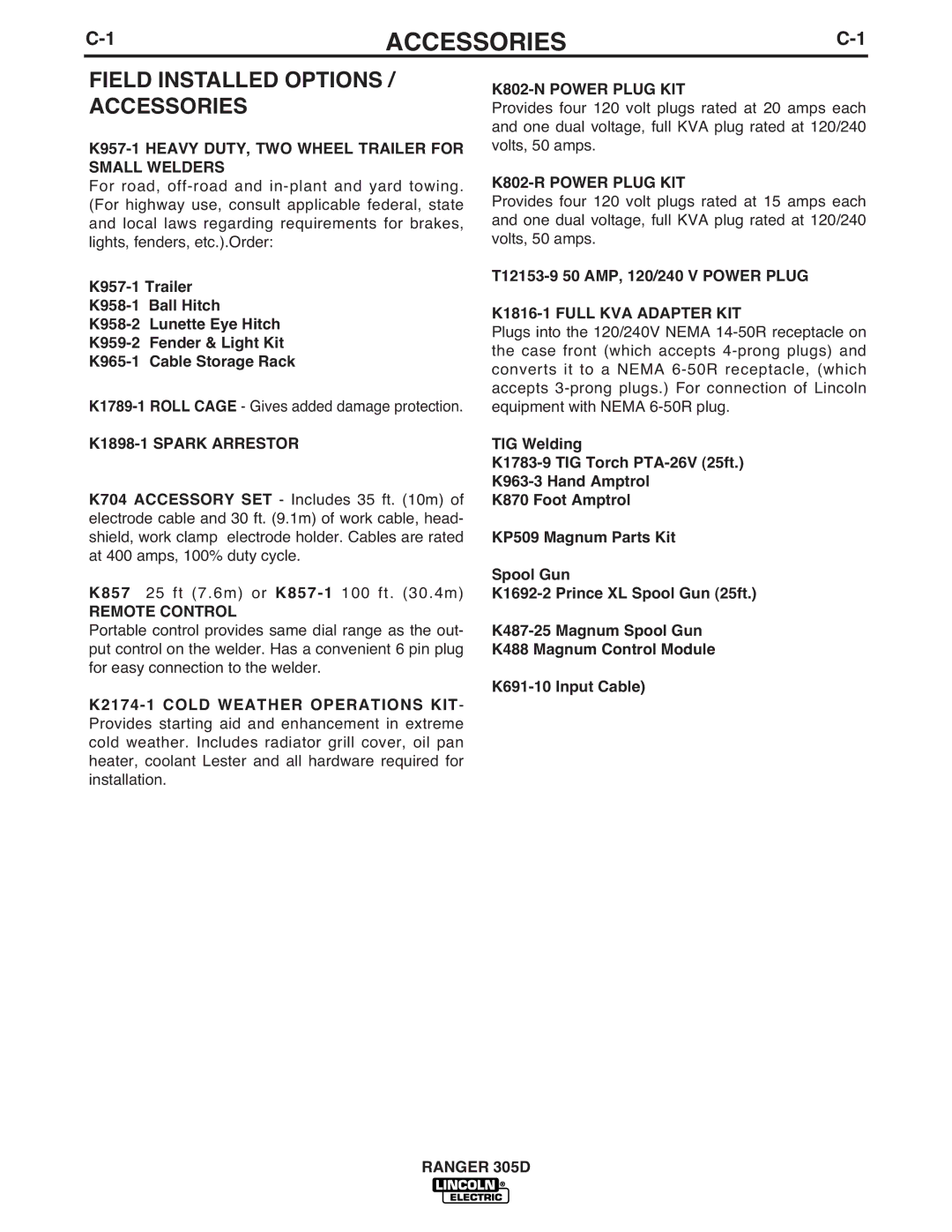 Lincoln Electric IM836-B manual Field Installed Options / Accessories 