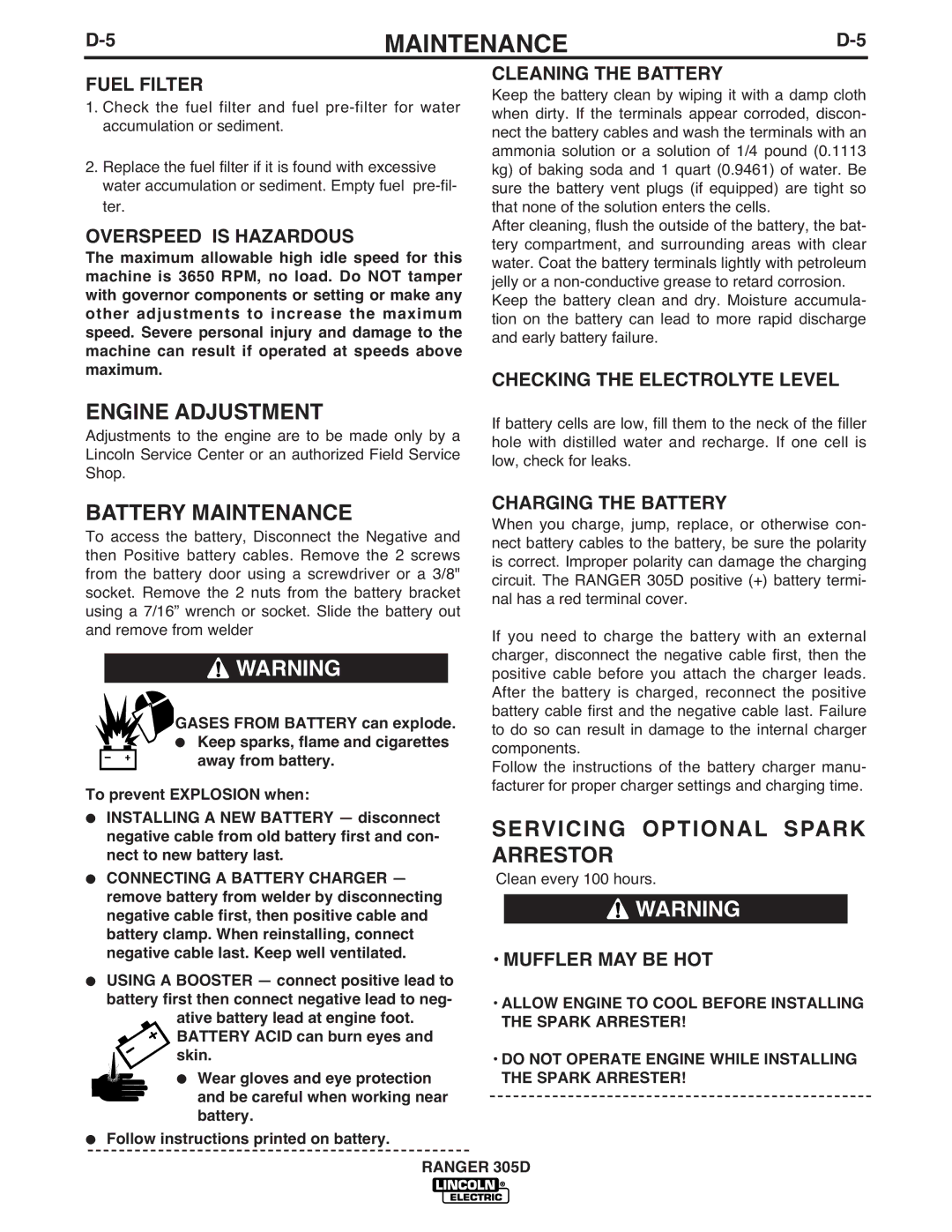 Lincoln Electric IM836-B manual Engine Adjustment, Battery Maintenance, Servicing Optional Spark, Arrestor 