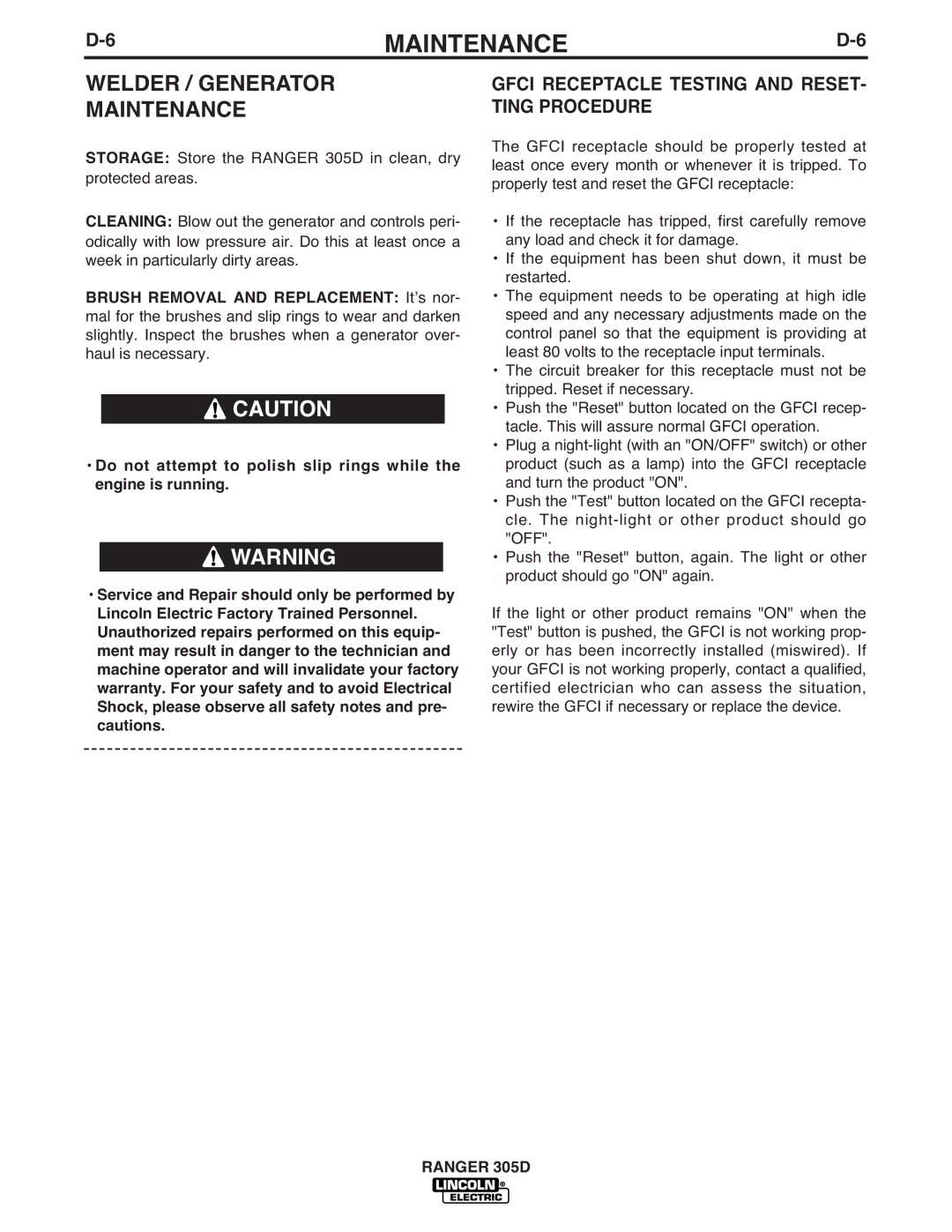 Lincoln Electric IM836-B manual Welder / Generator Maintenance, Gfci Receptacle Testing and RESET- Ting Procedure 