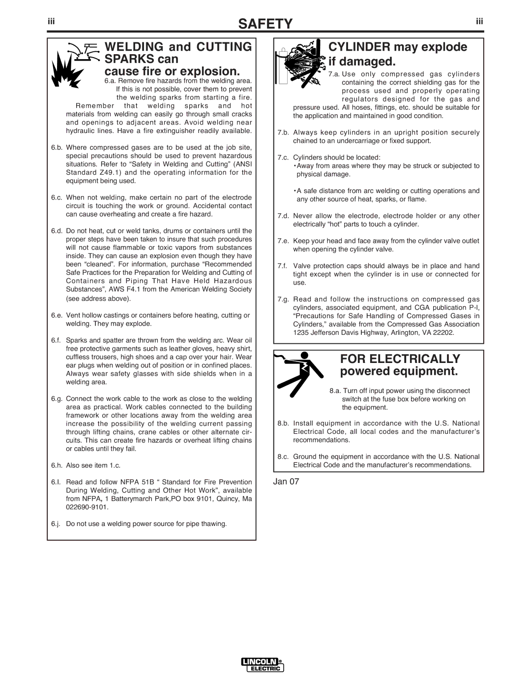 Lincoln Electric IM836-B manual Welding and Cutting Sparks can Cause fire or explosion, Iii 