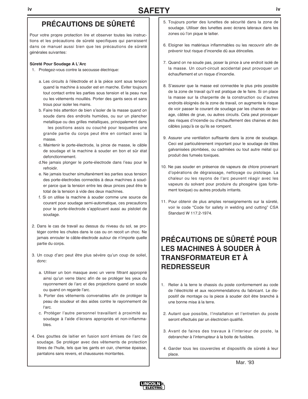 Lincoln Electric IM836-B manual Précautions DE Sûreté, Sûreté Pour Soudage a LʼArc 