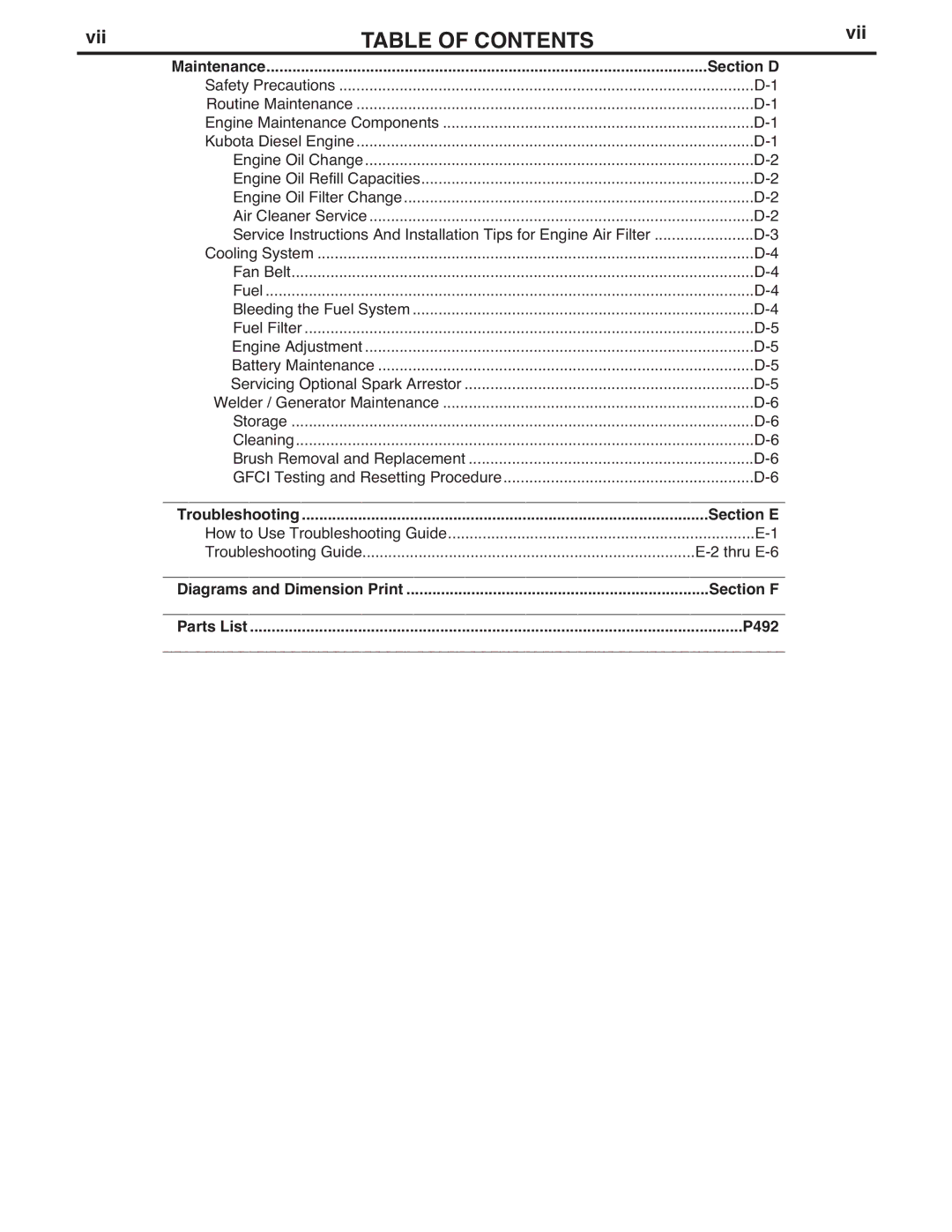 Lincoln Electric IM836-B manual Section D, Section E, Section F, P492 