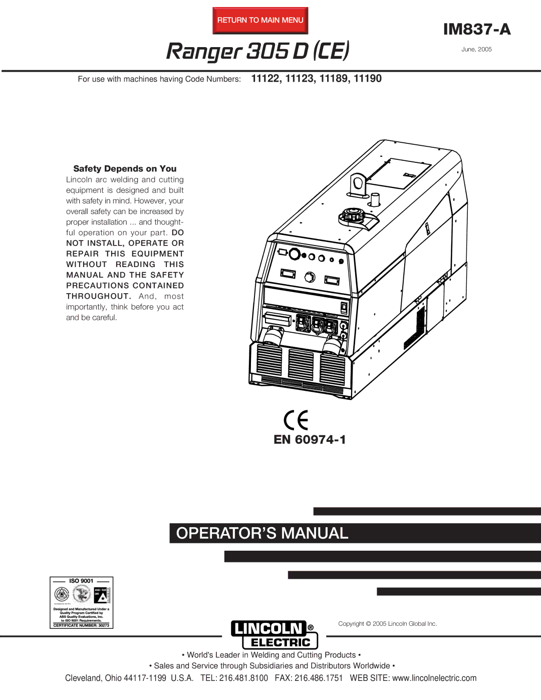 Lincoln Electric IM837-A manual Ranger 305 D CE 