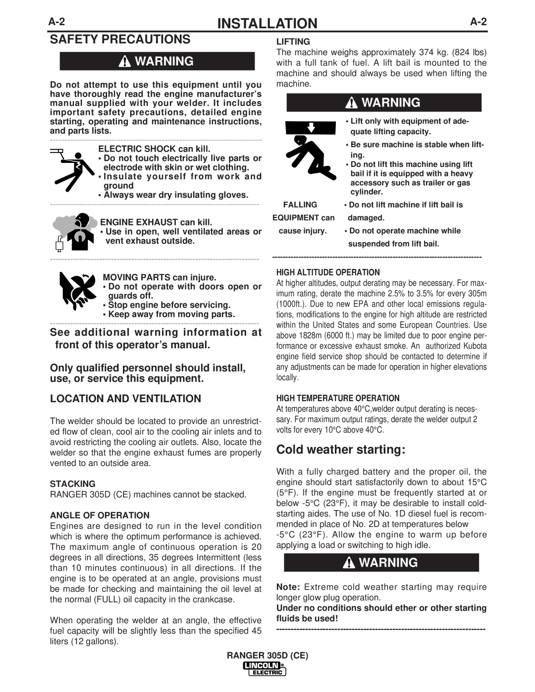 Lincoln Electric IM837-A manual Safety Precautions, Location and Ventilation 