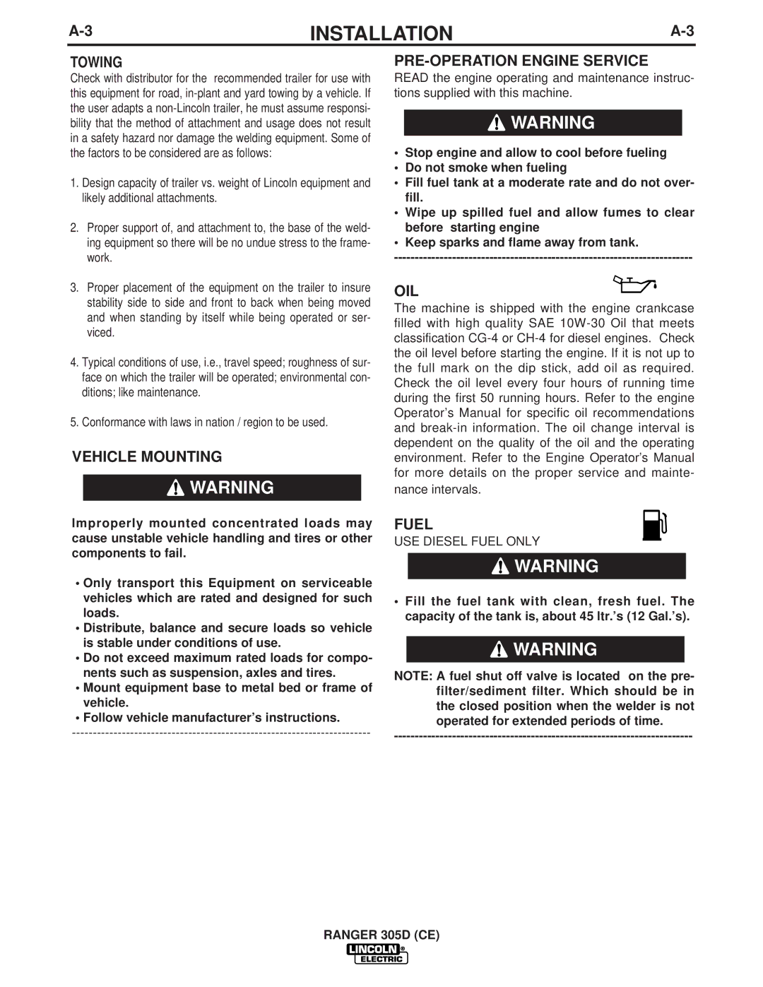 Lincoln Electric IM837-A manual Towing, Vehicle Mounting, PRE-OPERATION Engine Service, Oil, Fuel 