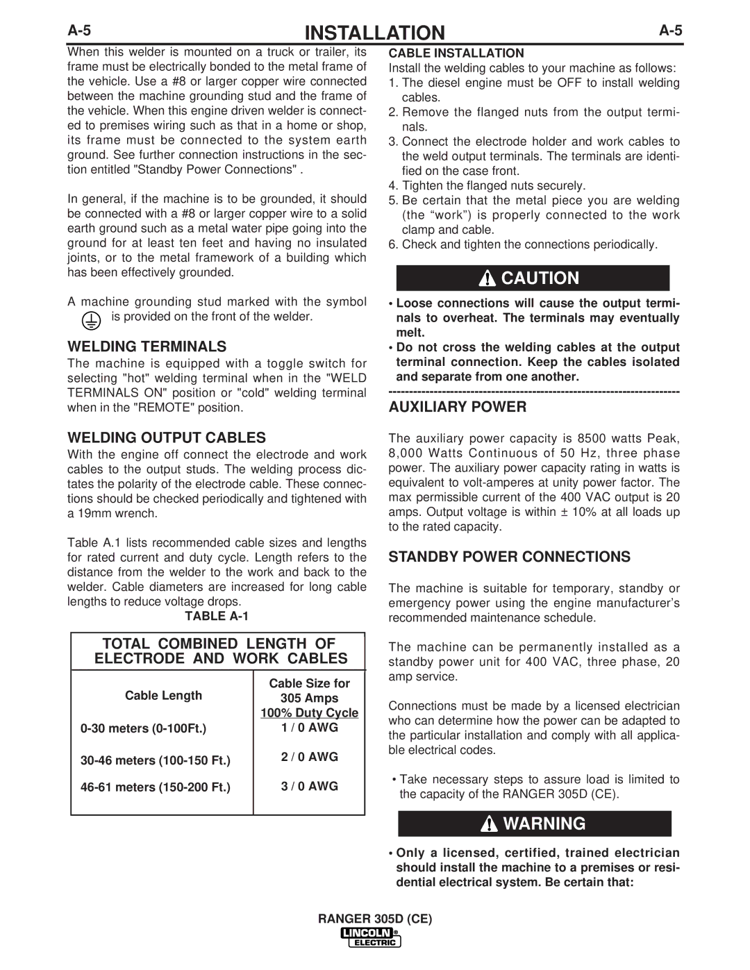 Lincoln Electric IM837-A Welding Terminals, Welding Output Cables, Total Combined Length of Electrode and Work Cables 