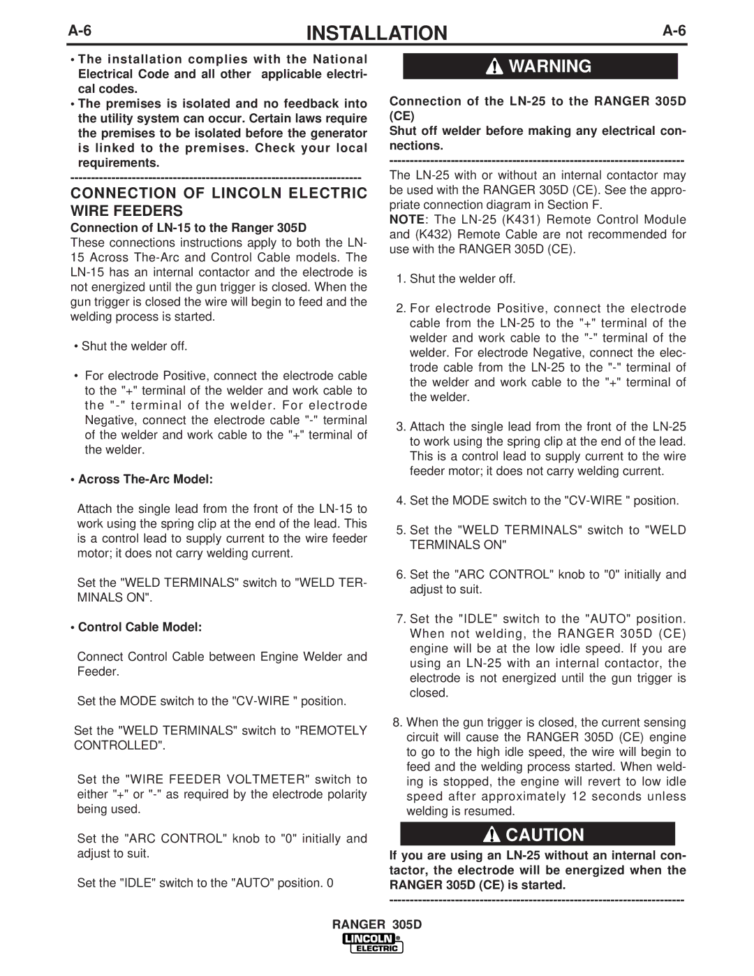 Lincoln Electric IM837-A manual Connection of Lincoln Electric Wire Feeders, Connection of LN-15 to the Ranger 305D 