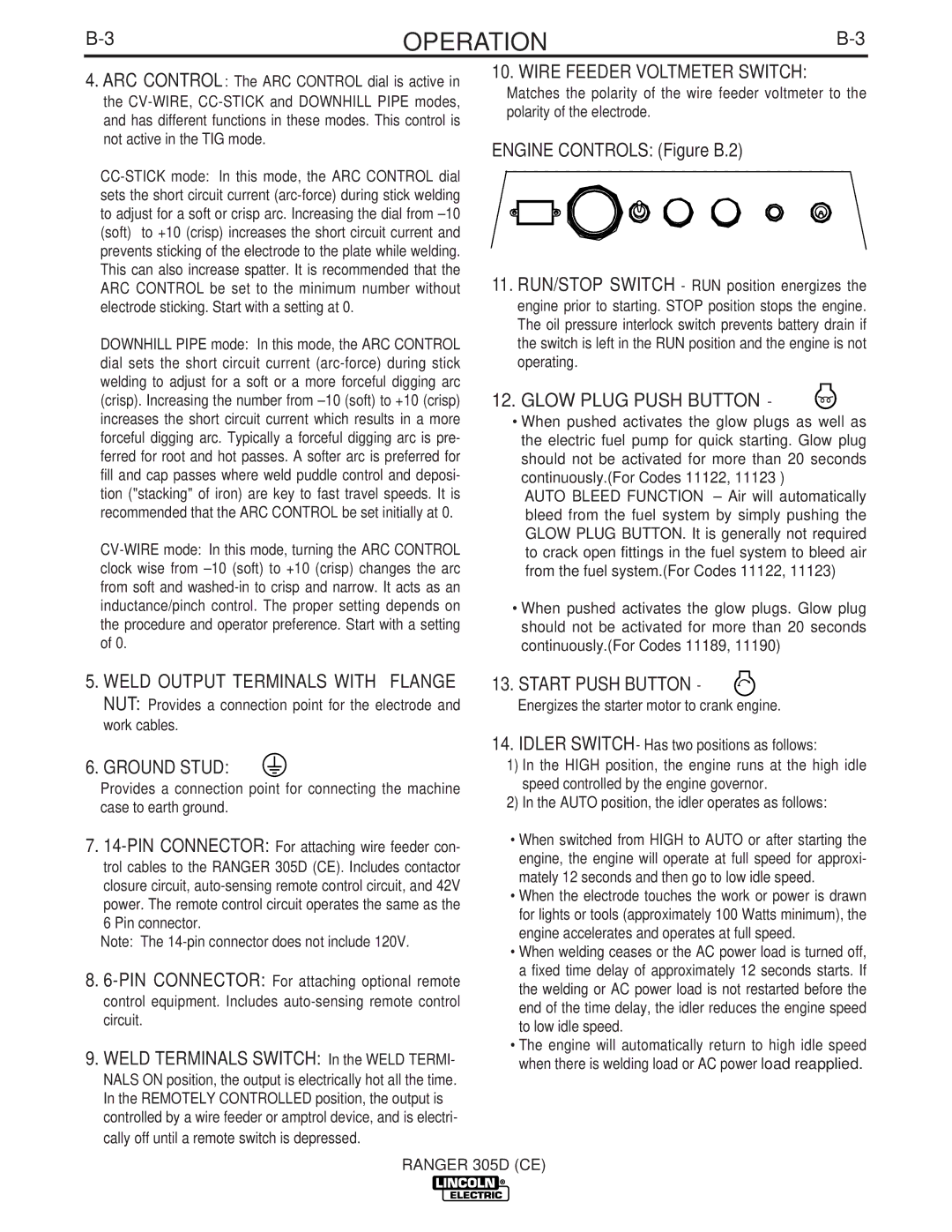 Lincoln Electric IM837-A manual Ground Stud, Wire Feeder Voltmeter Switch, Glow Plug Push Button 