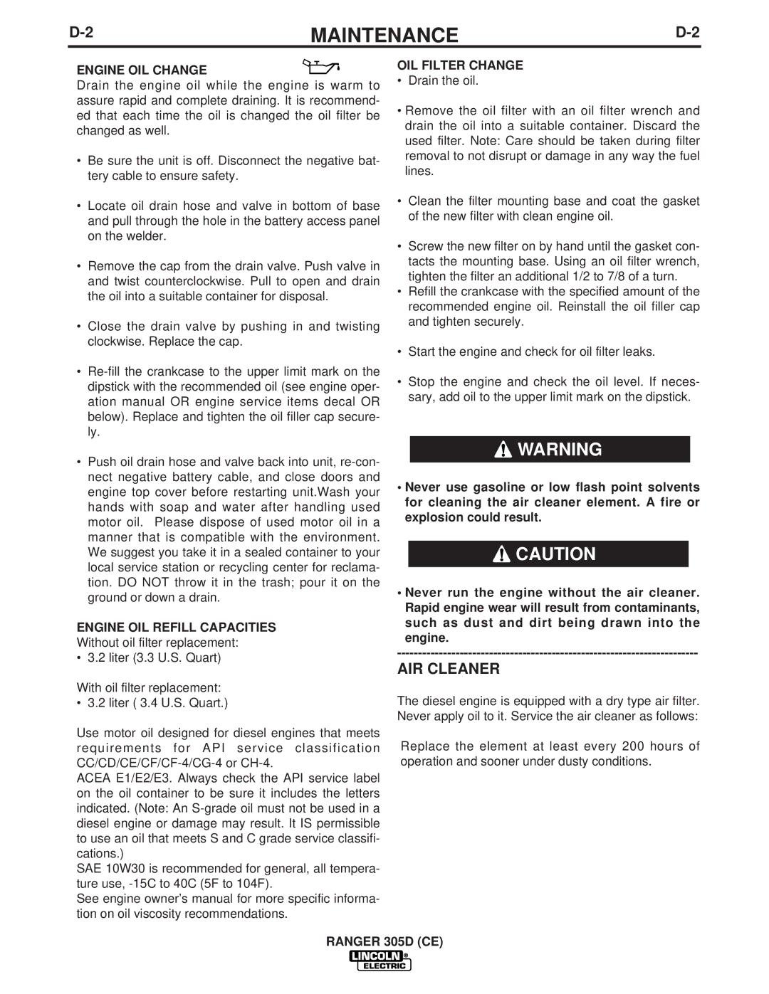 Lincoln Electric IM837-A manual AIR Cleaner, Engine OIL Refill Capacities Without oil filter replacement, OIL Filter Change 