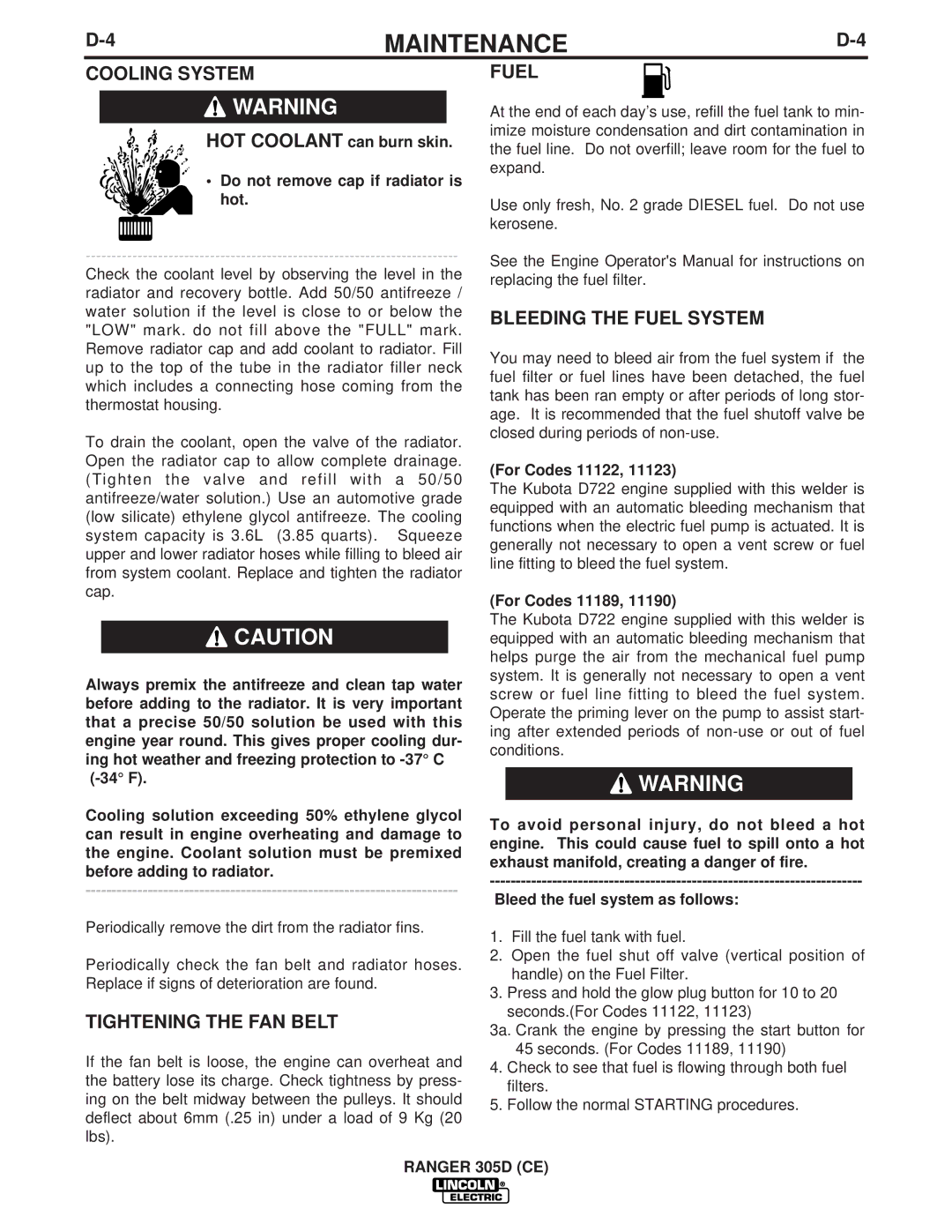 Lincoln Electric IM837-A manual Cooling System, Tightening the FAN Belt, Bleeding the Fuel System, For Codes 11122 