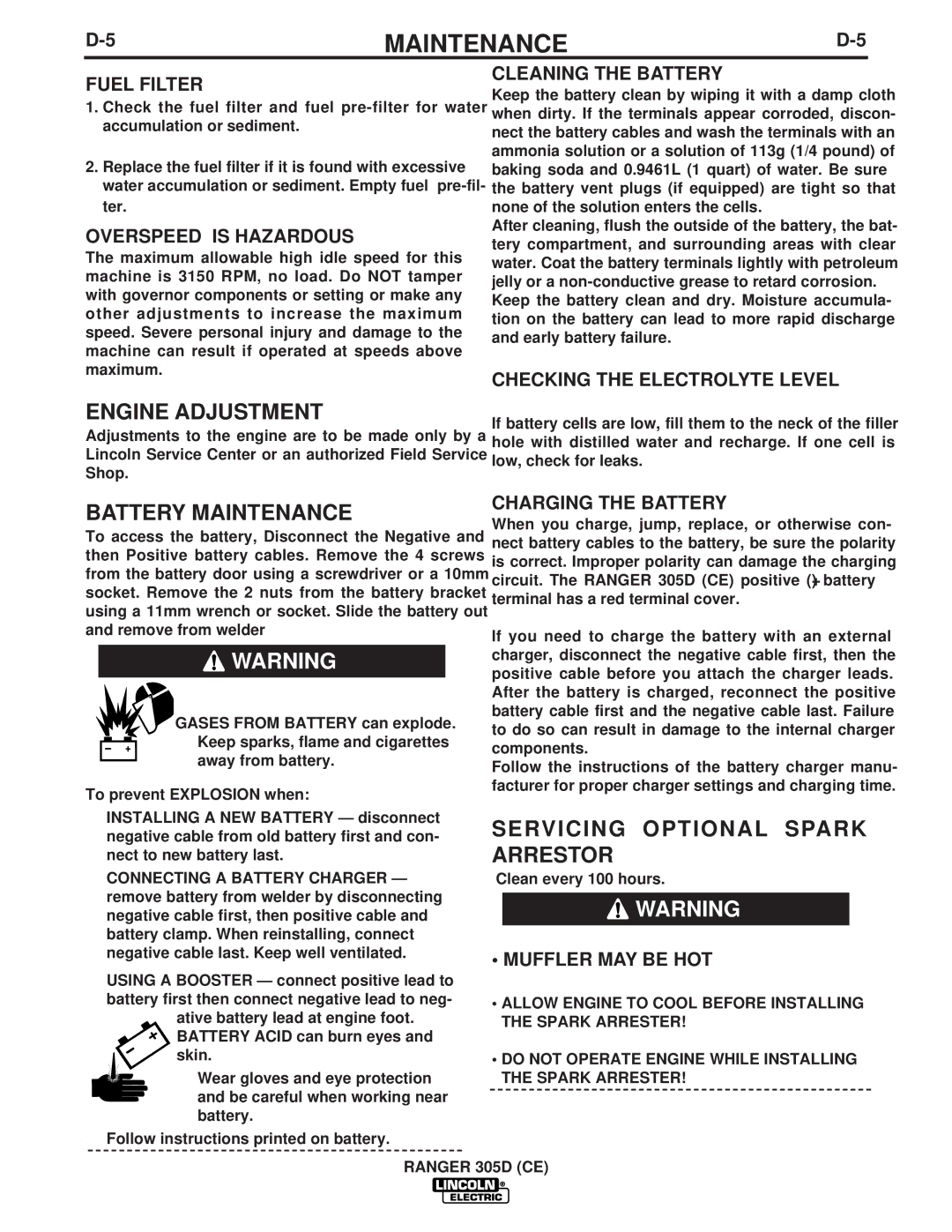 Lincoln Electric IM837-A manual Engine Adjustment, Battery Maintenance, Servicing Optional Spark, Arrestor 