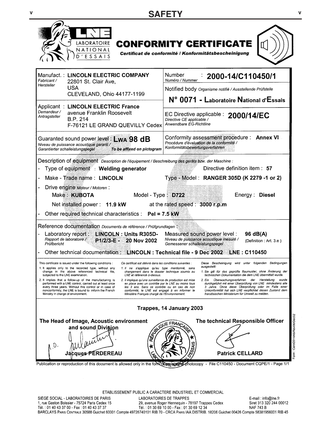 Lincoln Electric IM837-A manual Safety 