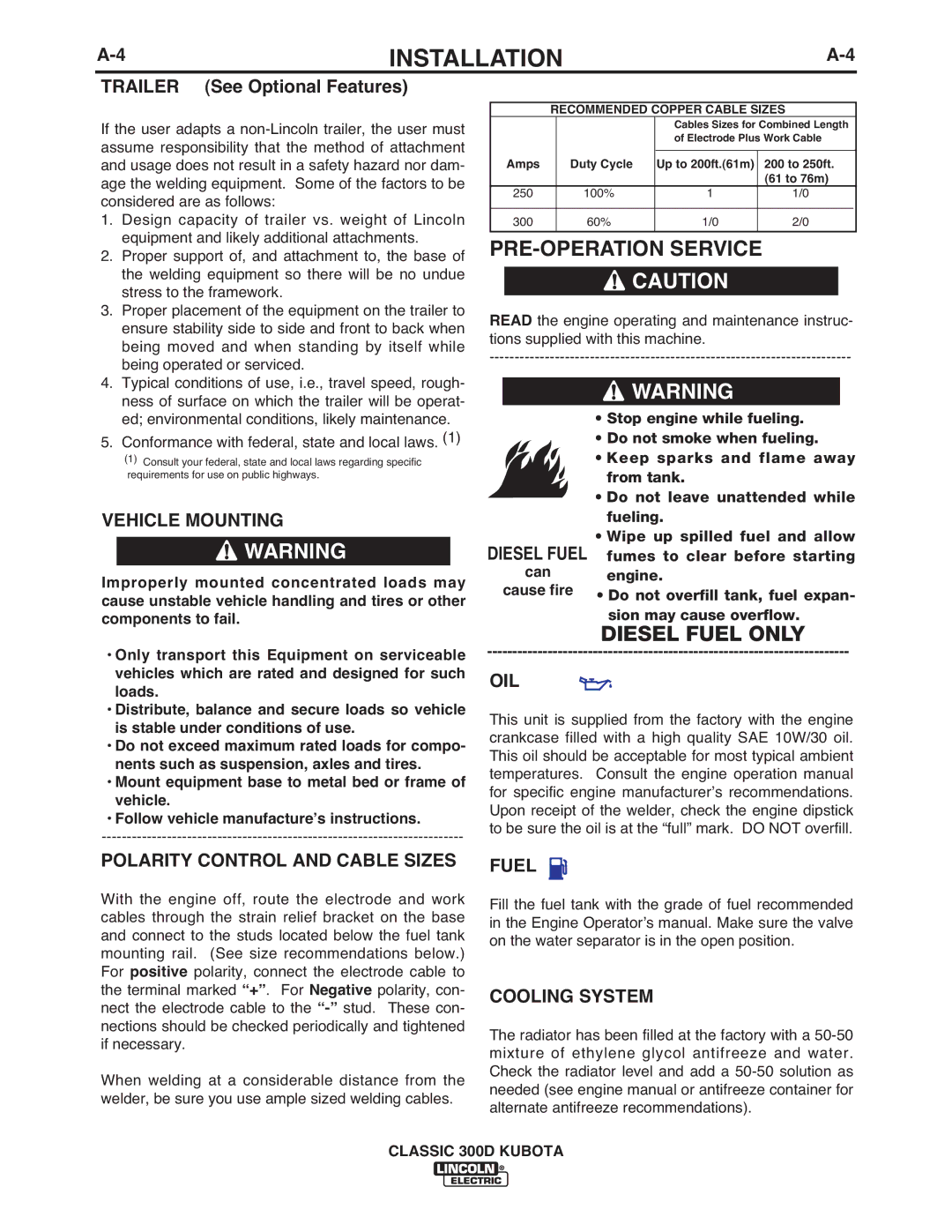 Lincoln Electric IM843-C manual PRE-OPERATION Service, Vehicle Mounting, Polarity Control and Cable Sizes, OIL Fuel 