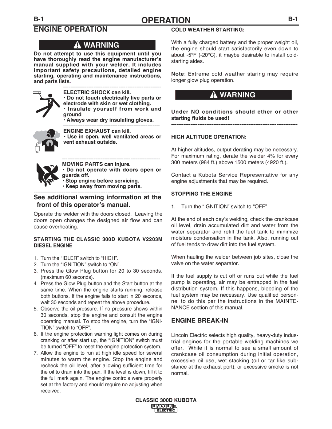 Lincoln Electric IM843-C manual Engine Operation, Engine BREAK-IN 