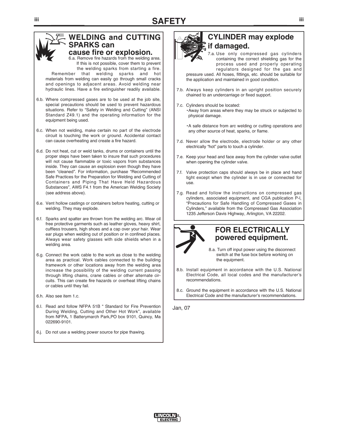 Lincoln Electric IM843-C manual Welding and Cutting Sparks can Cause fire or explosion, Iii 