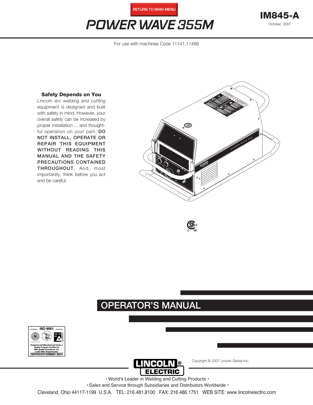 Lincoln Electric IM845-A manual Power Wave 355M 