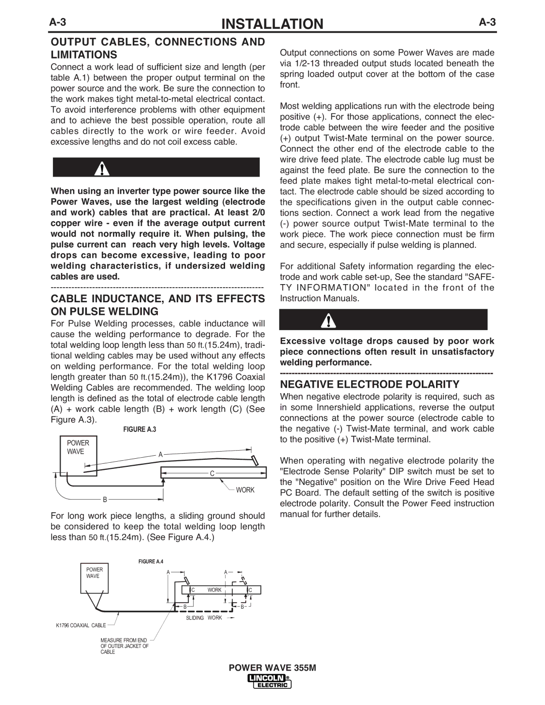 Lincoln Electric IM845-A Output CABLES, Connections and Limitations, Cable INDUCTANCE, and ITS Effects on Pulse Welding 