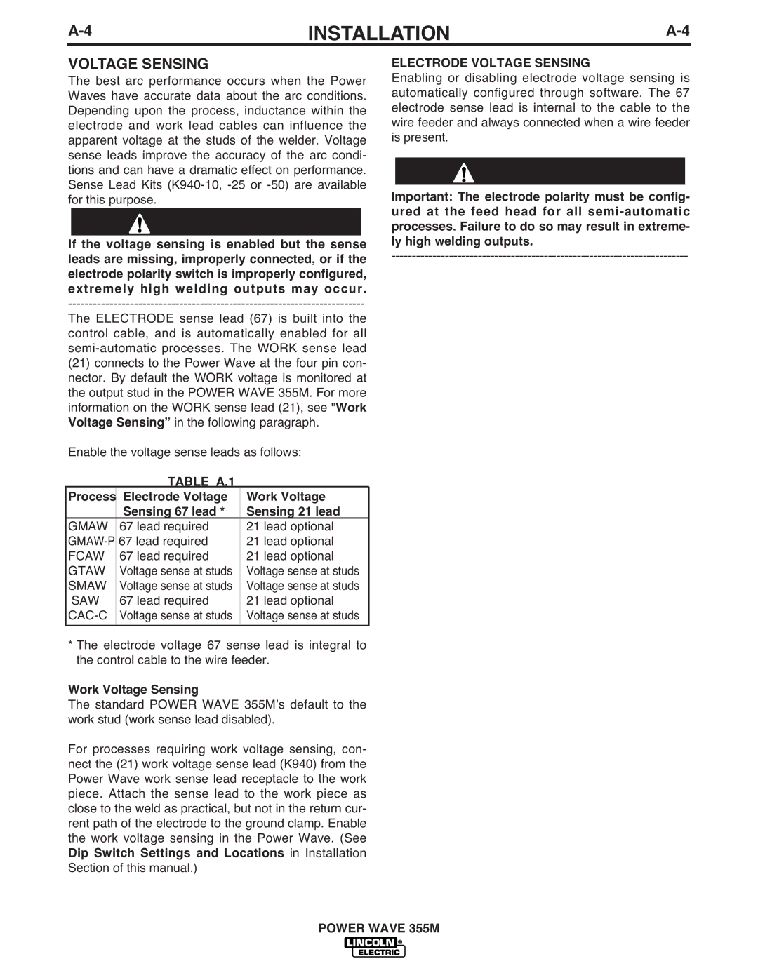 Lincoln Electric IM845-A manual Work Voltage Sensing 