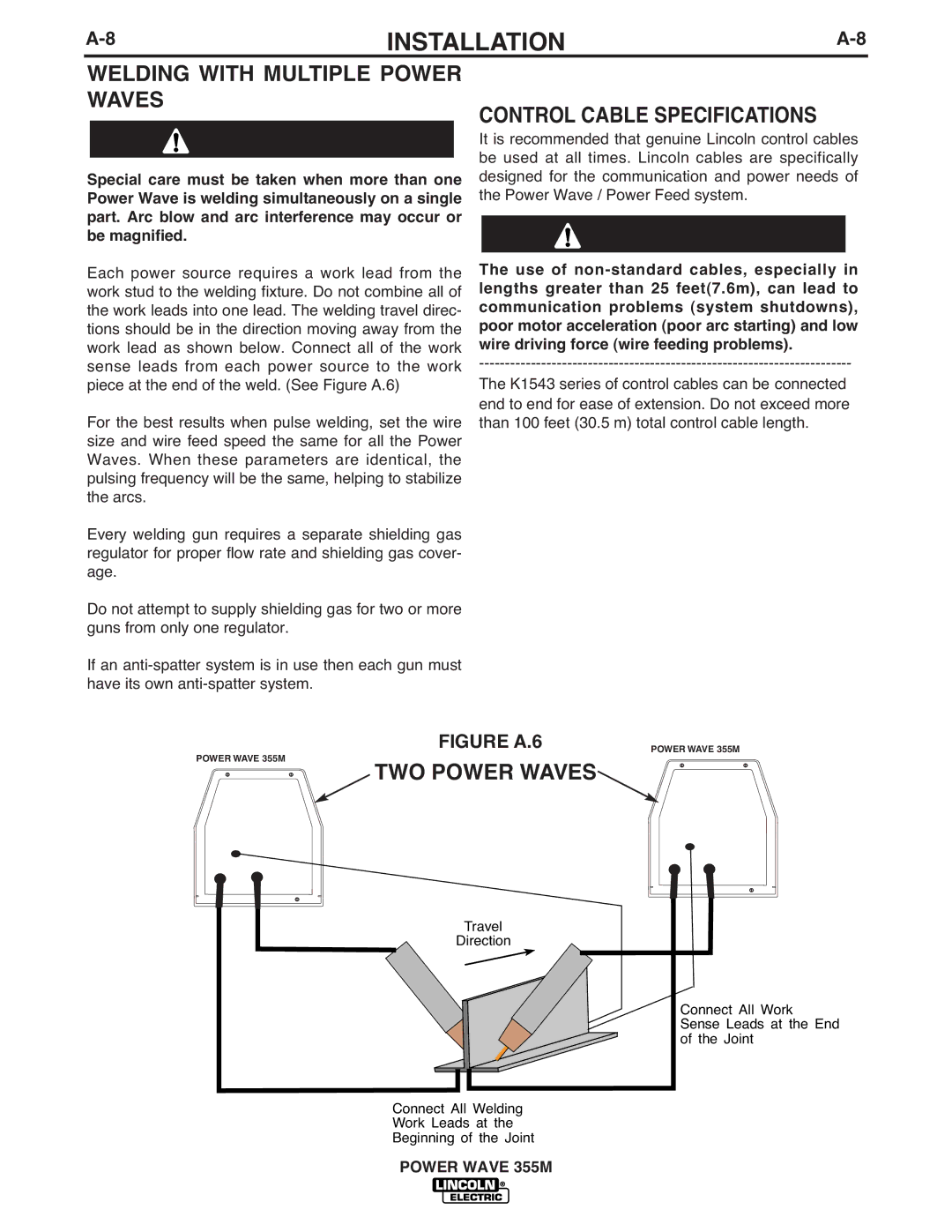 Lincoln Electric IM845-A manual Welding with Multiple Power Waves, Control Cable Specifications, TWO Power Waves 