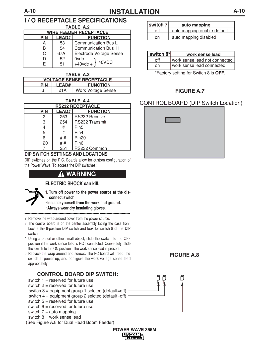 Lincoln Electric IM845-A manual Receptacle Specifications, DIP Switch Settings and Locations, Auto mapping 