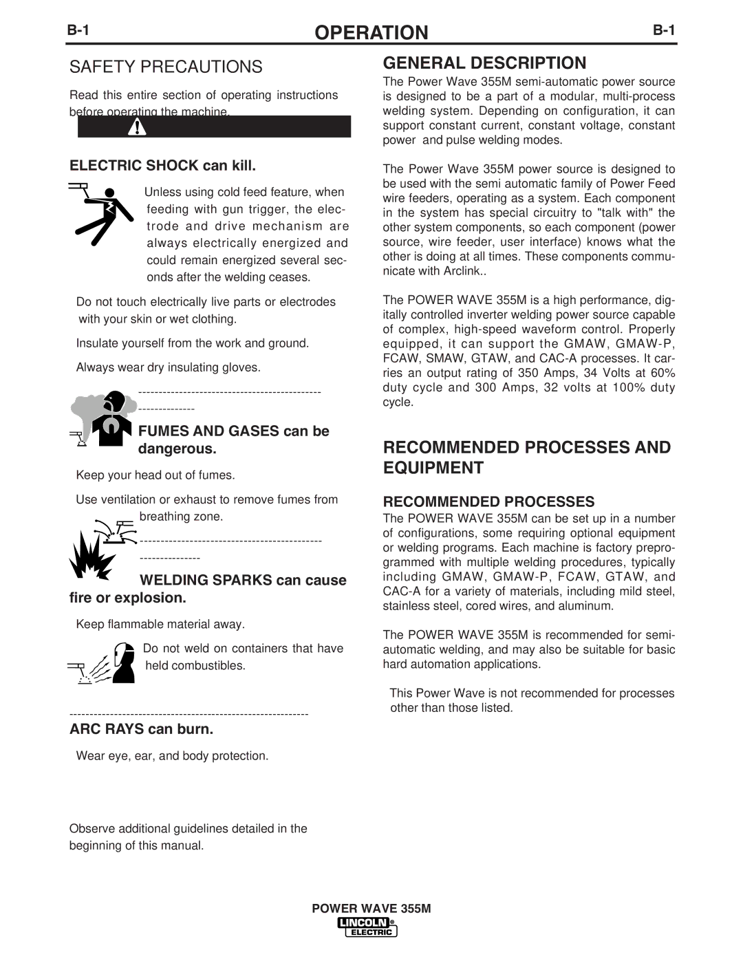 Lincoln Electric IM845-A manual Operation, General Description, Recommended Processes and Equipment 