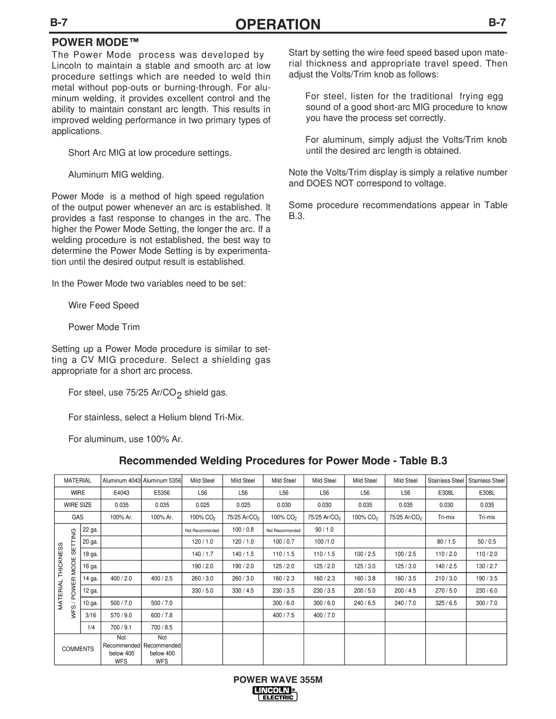 Lincoln Electric IM845-A manual Recommended Welding Procedures for Power Mode Table B.3 