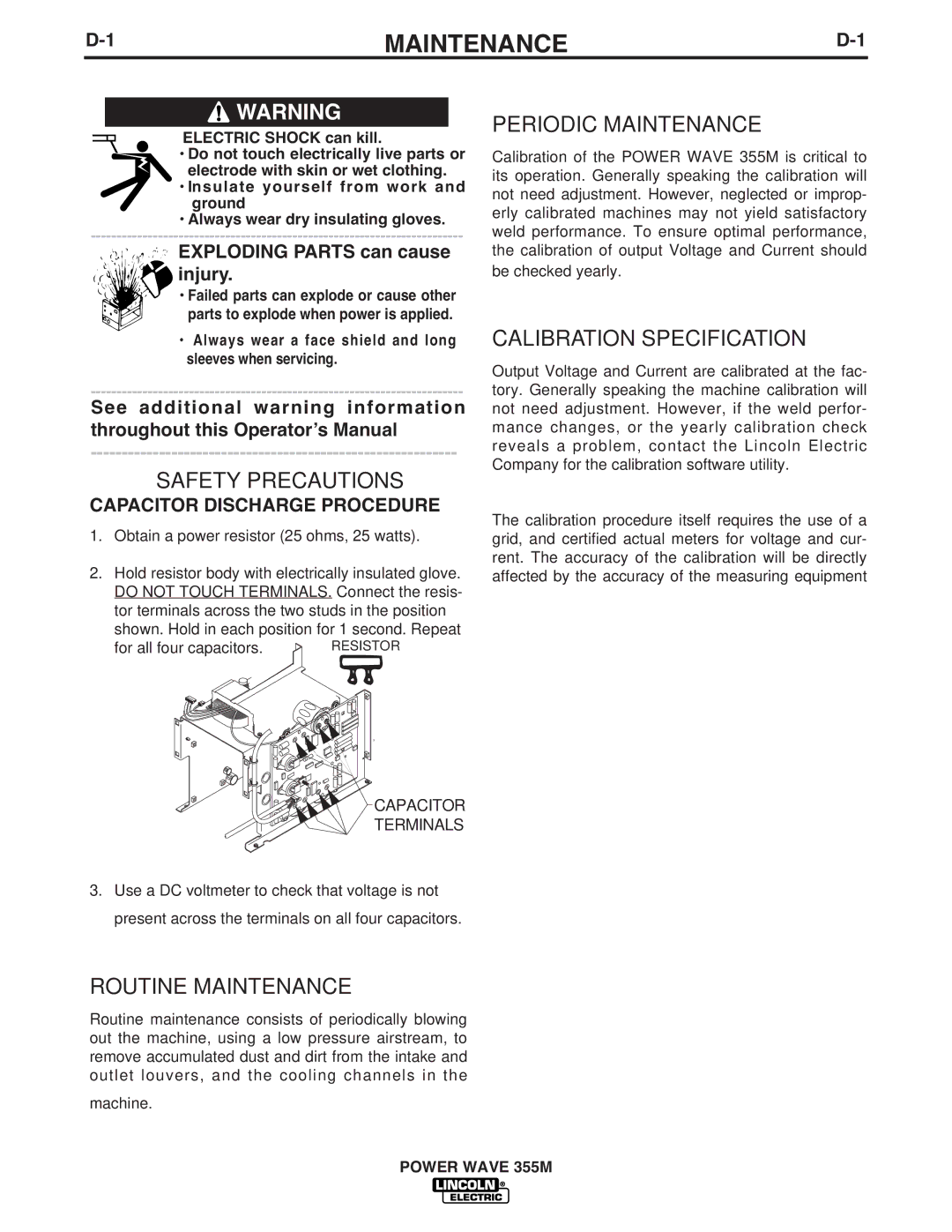 Lincoln Electric IM845-A manual Maintenance, Capacitor Discharge Procedure, For all four capacitors 